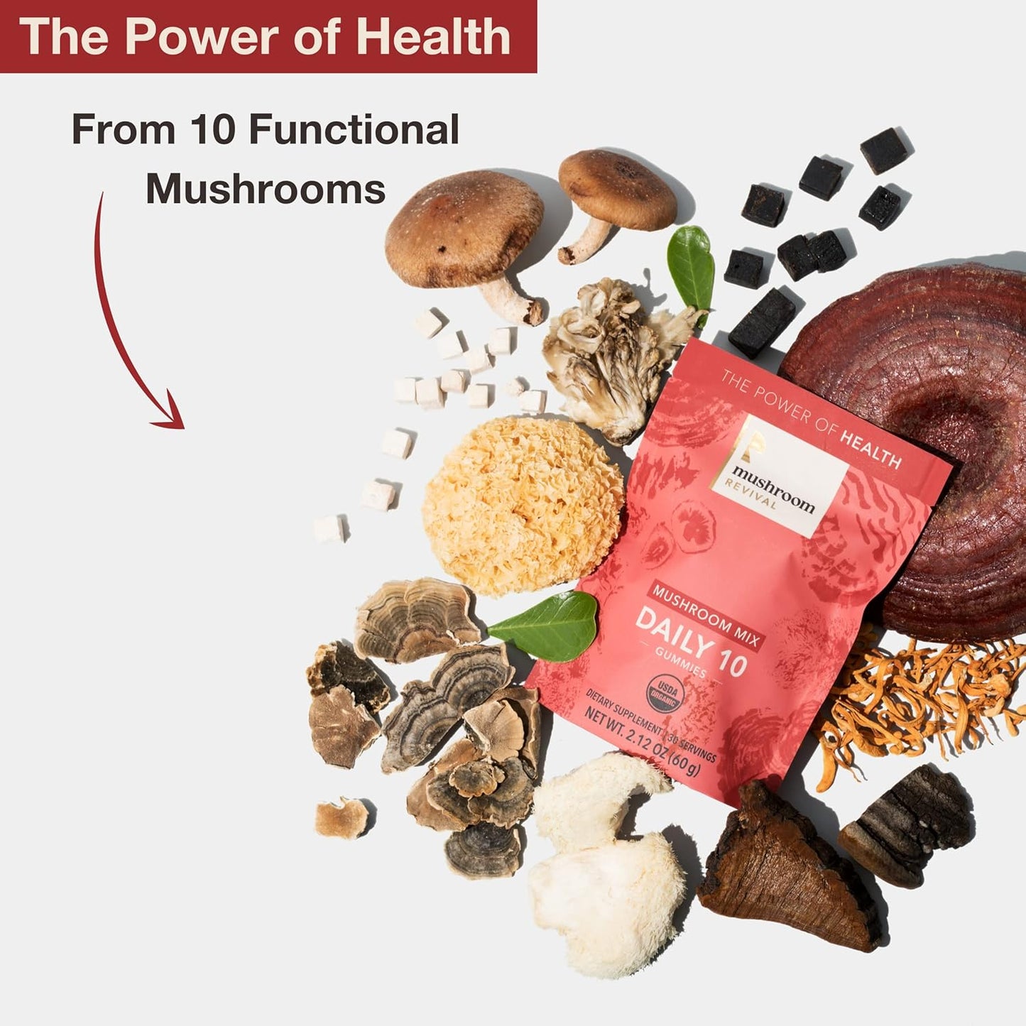 Organic Mushroom Revival Daily Gummies - 10 Mushroom Mix, 2.12oz, Non-GMO, Vegan, Gluten-Free, Keto, Dairy-Free - Espot.com.au