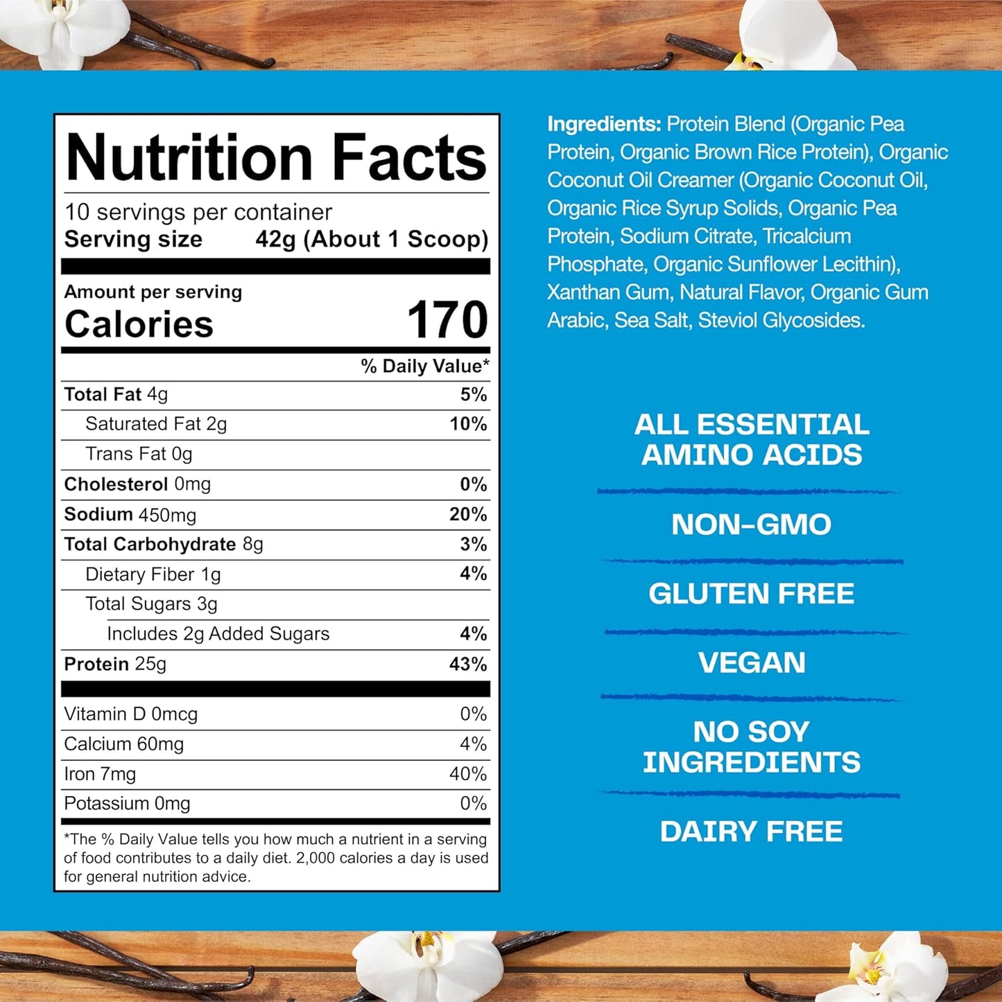 Organic Plant-Based Vegan Protein Powder with 25g Protein - Creamy Vanilla Flavor, Dairy, Gluten, Soy Free - 10 Servings - Espot.com.au