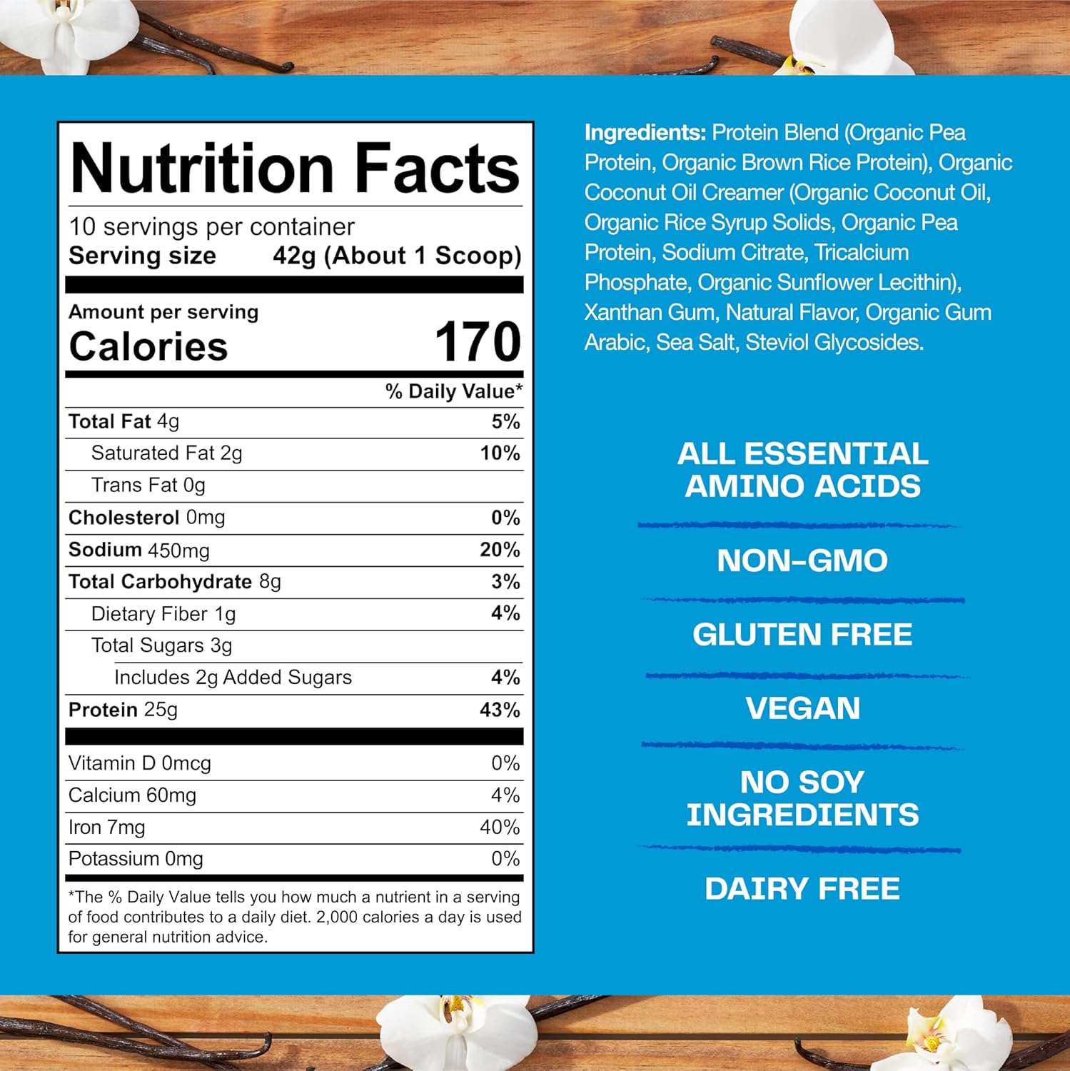 Organic Plant-Based Vegan Protein Powder with 25g Protein - Creamy Vanilla Flavor, Dairy, Gluten, Soy Free - 10 Servings - Espot.com.au
