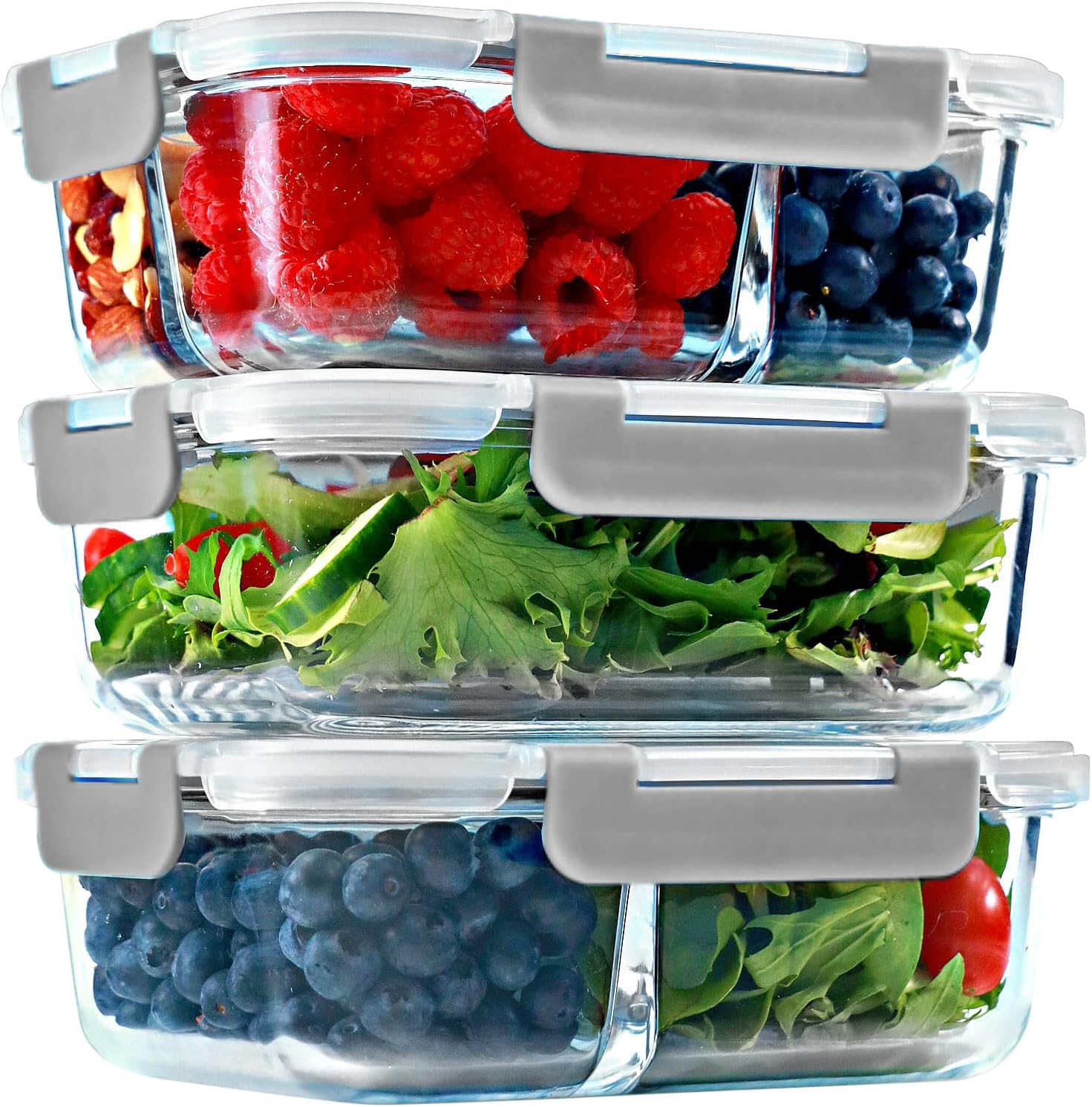 fit-strong-healthy-glass-meal-prep-containers-with-1-2-and-3-compartments---portion-control-lunch-container-set-for-food-storage---airtight-lids-oven-freezer-safe---leak-proof-bento-box---35-oz---gray---3-pack-1