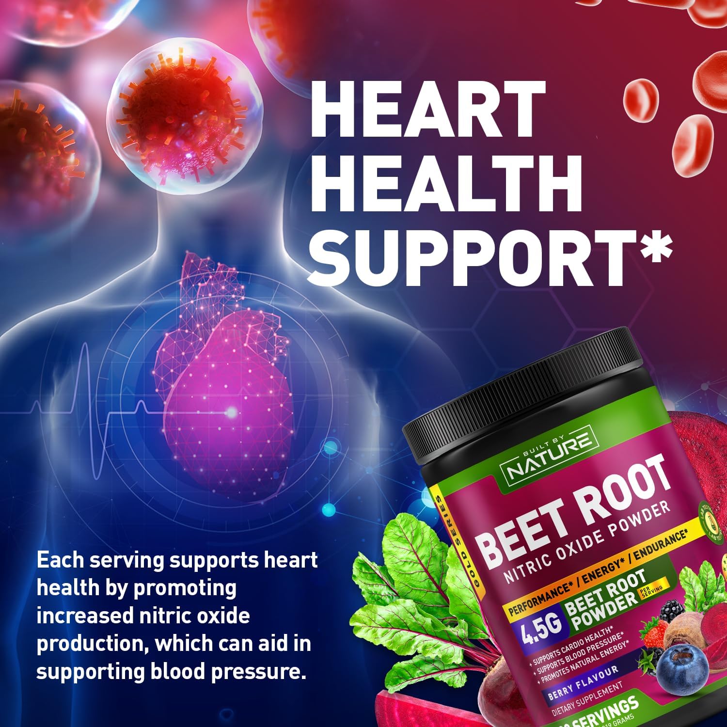 Organic Beet Root Nitric Oxide Powder Supplement - Vegan Superfood Booster for Circulation, Energy & Heart Health - Berry Flavor - 30 Servings - Espot.com.au