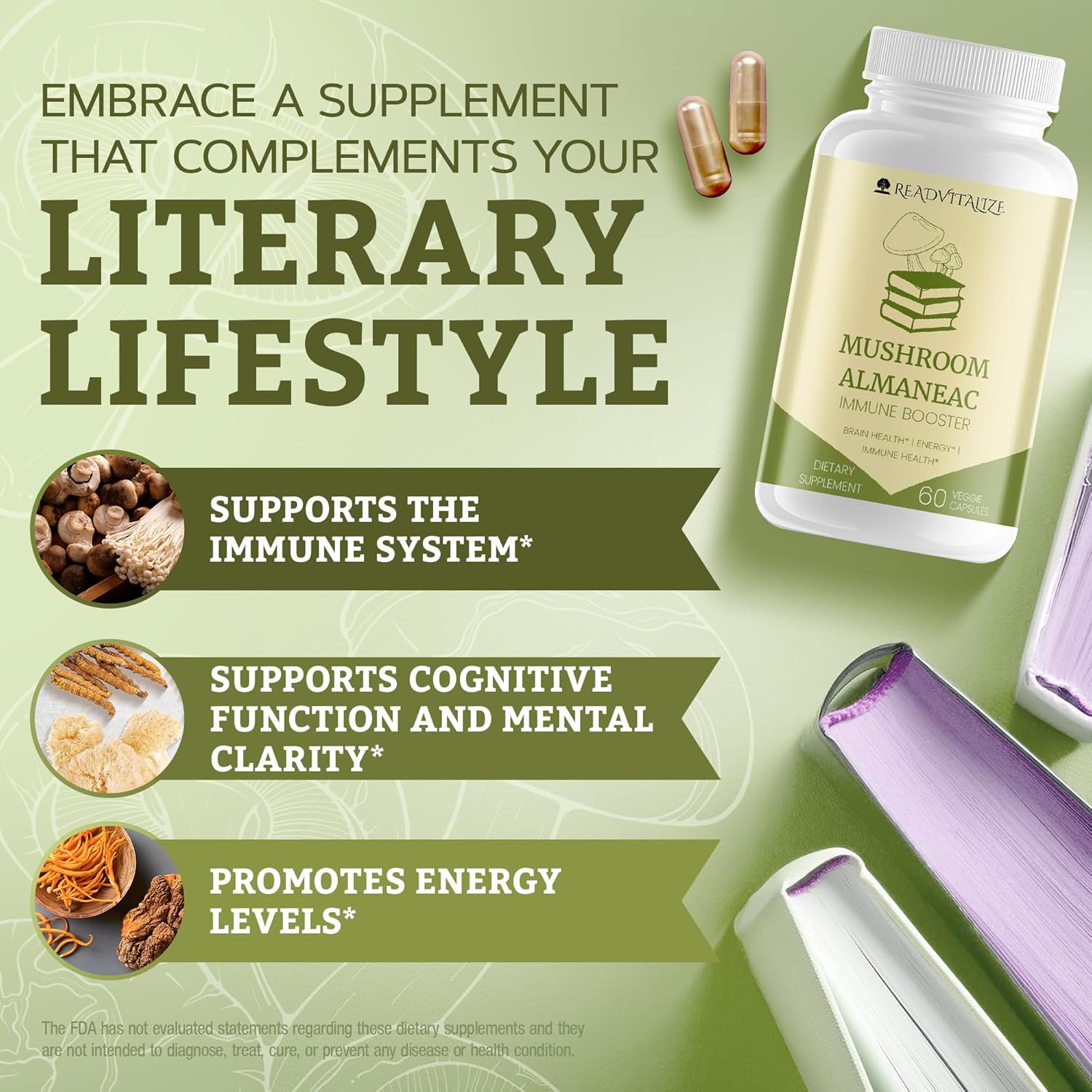 Mushroom Almanac Nootropic Brain Support Supplement - 60 Capsules, Boosts Energy, Focus, Immune Support - Lions Mane, Cordyceps, Turkey Tail, Shiitake Mushrooms - Espot.com.au
