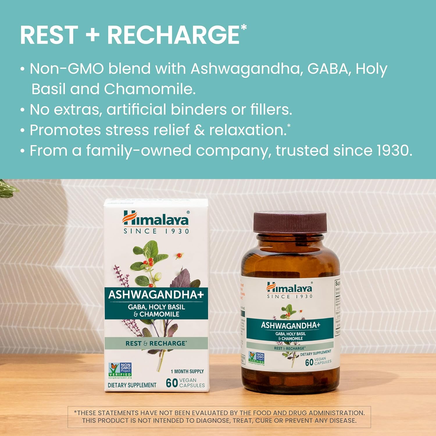 Himalaya Ashwagandha+ with GABA, Holy Basil & Chamomile - Stress Relief & Relaxation - Vegan, Gluten Free - 540mg, 60 Capsules - Espot.com.au