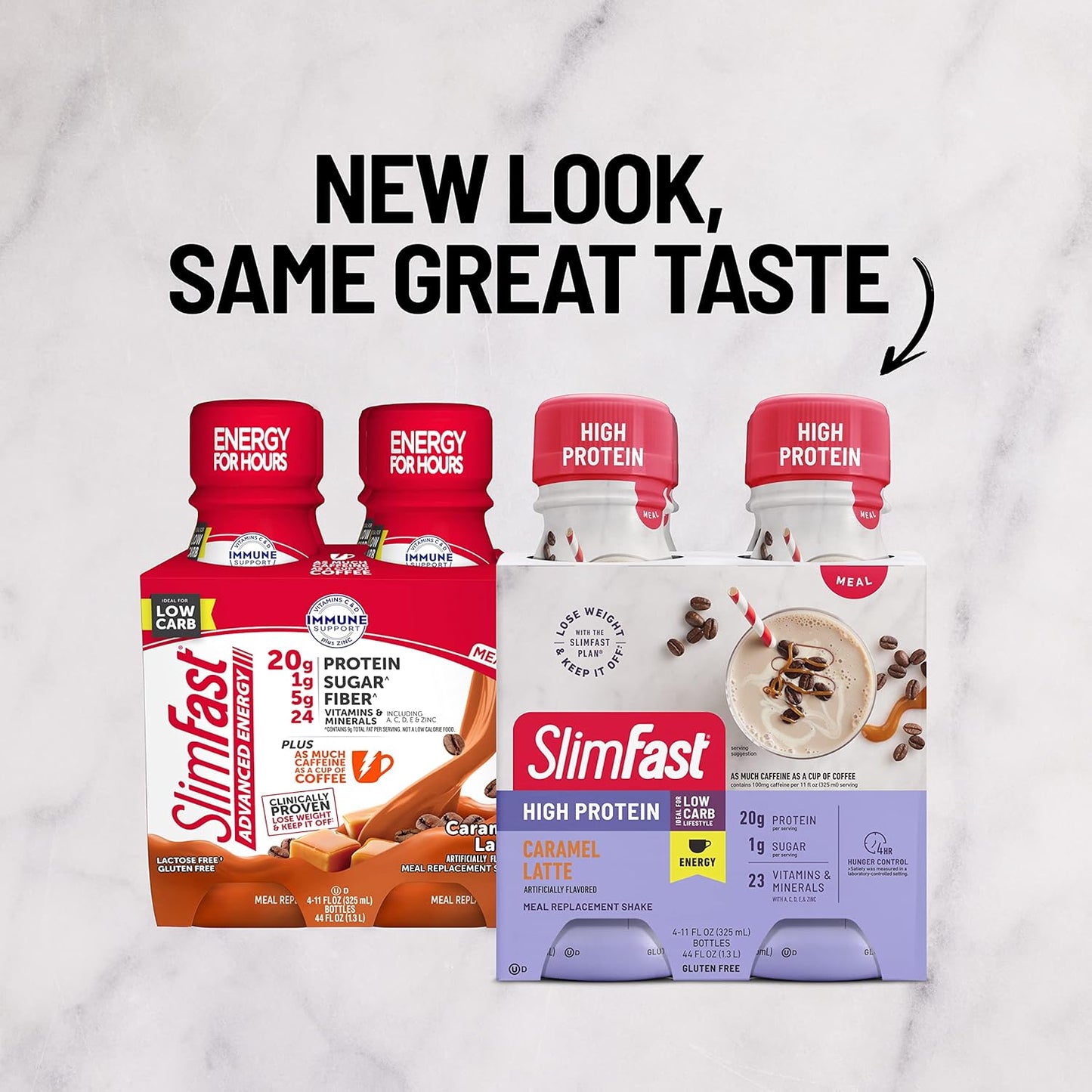 SlimFast Advanced Energy Caramel Latte Shake - High Protein Meal Replacement Drink - 4 Pack, 11 fl. oz. Bottles - Boost Energy and Weight Loss - On-the-Go Nutrition - Packaging May Vary - Espot.com.au