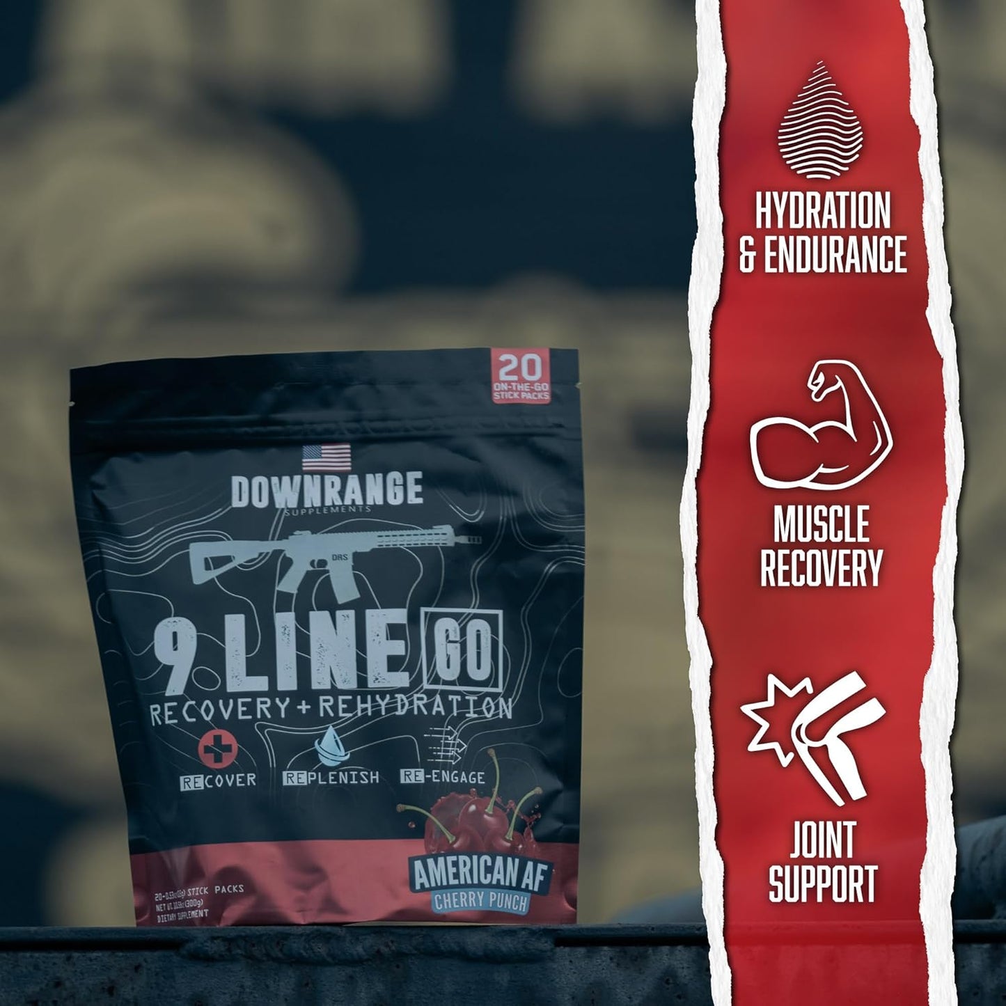 downrange-supplements-9-line-go-recovery-powder-packets---electrolytes-amino-acids-coconut-water---cherry-punch-flavor---muscle-recovery-energy-boost-hydration---20-sticks-3