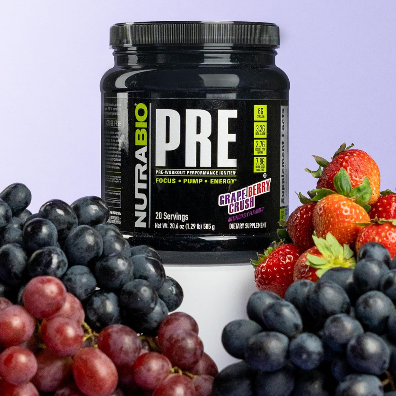 NutraBio PRE Workout Powder - Clinically Dosed Formula for Sustained Energy, Mental Focus, and Endurance - Grape Berry Crush Flavor - 20 Servings - Espot.com.au