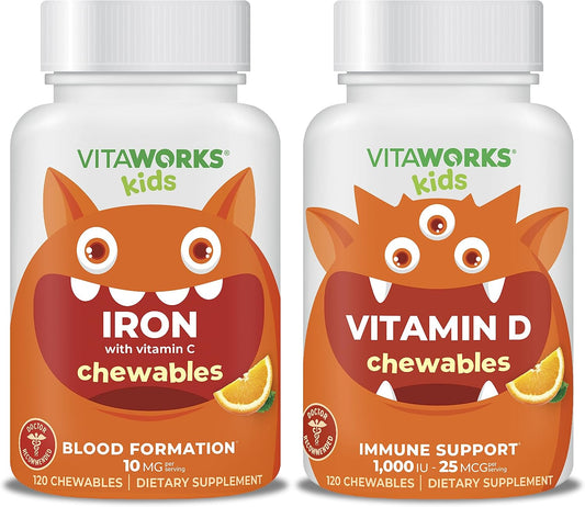 VitaWorks Kids Iron 10mg with Vitamin C and D3 Chewables Bundle for Immune Support - Espot.com.au