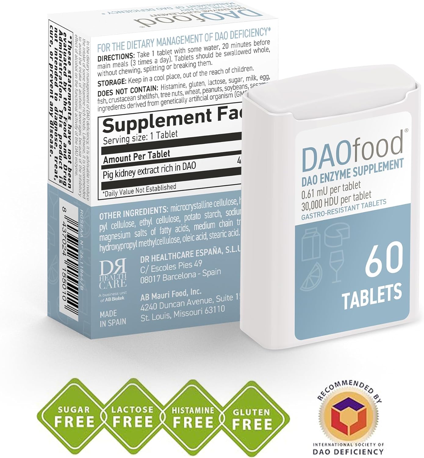 DR Healthcare DAOfood - DAO Deficiency Dietary Management - 60 Mini Gastro-Resistant Tablets Dispenser - Enzyme Supplement - Espot.com.au