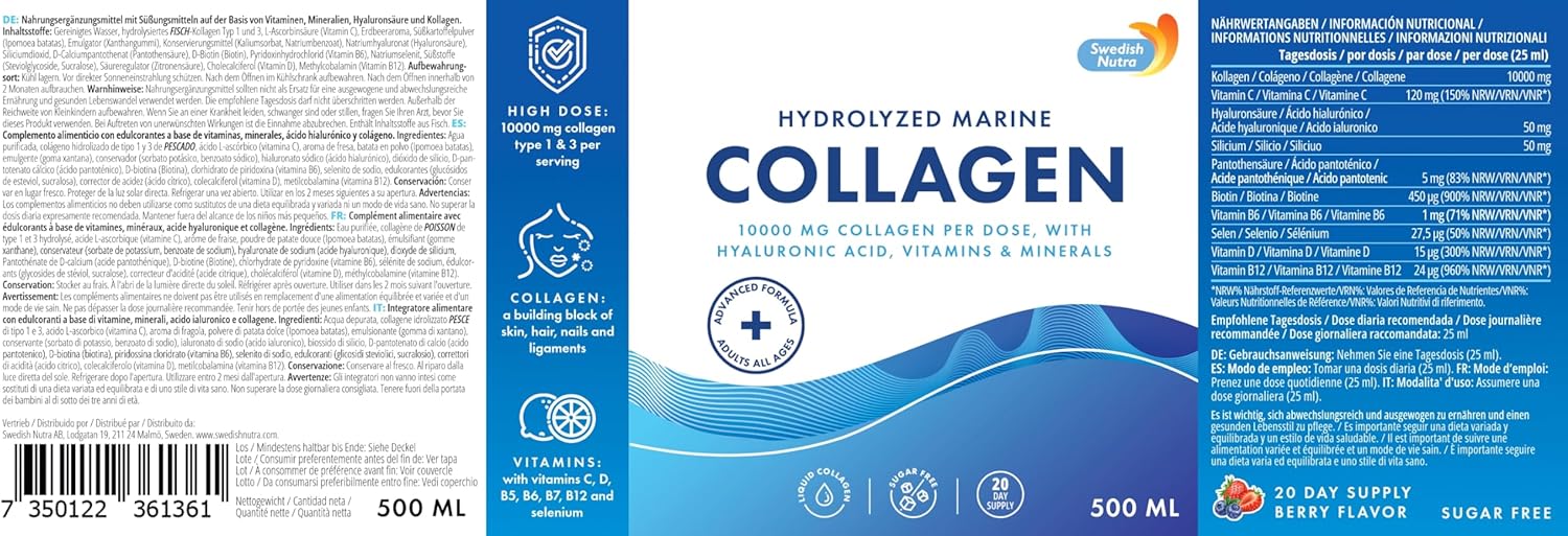 premium-hydrolyzed-marine-collagen-liquid-supplement---10000mg---500ml---20-day-supply---hyaluronic-acid-biotin-vitamin-c---hair-skin-nails-joints---sugar-free---swedish-nutra-8