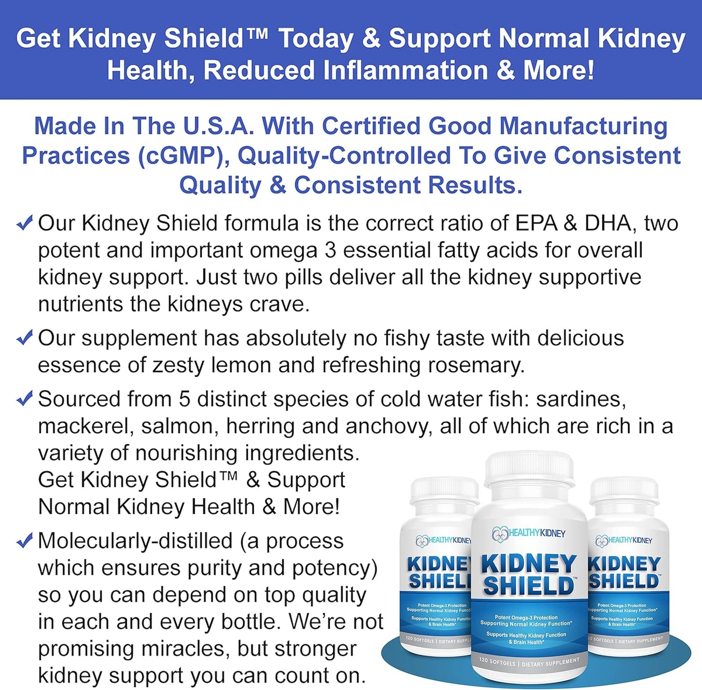 Kidney Shield Omega 3 Fish Oil Supplements for Kidney Health - Supports Normal Function & Cleanse Detox - 120 Lemon Softgels - Espot.com.au