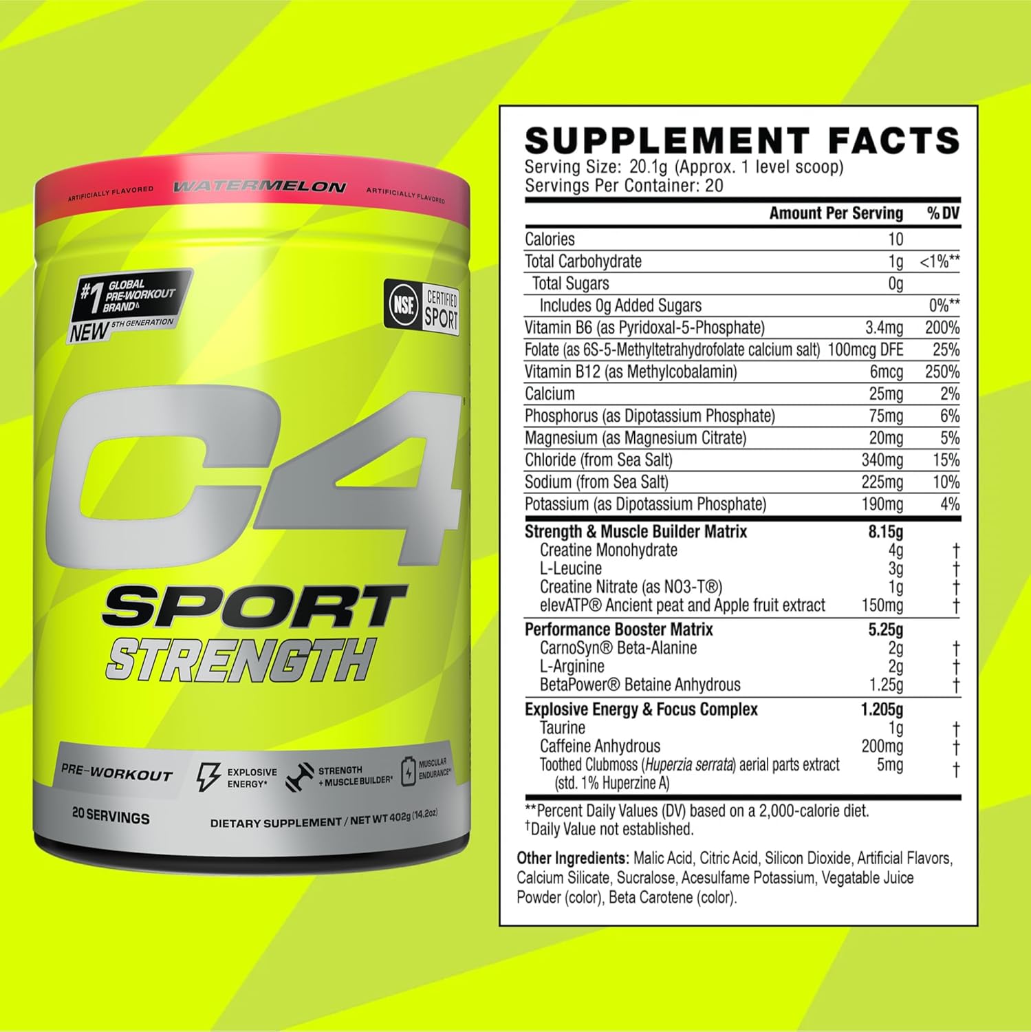 NSF Certified Cellucor C4 Sport Strength Pre Workout Powder with Beta-Alanine, Creatine, 200mg Caffeine - Sugar Free Energy Supplement in Hawaiian Punch Berry Blue Flavor - 20 Servings for Men & Women - Espot.com.au