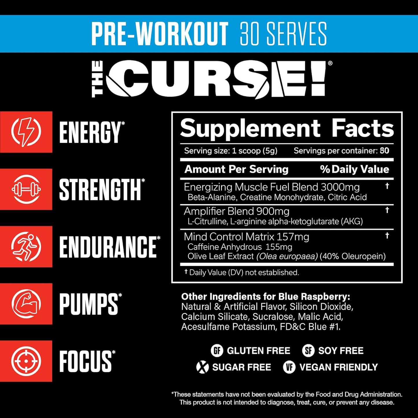 Blue Raspberry Pre Workout Powder by JNX SPORTS - The Curse! 30 Servings | Boost Strength, Energy, and Focus | Caffeine, Beta-Alanine, Creatine, L-Citrulline | Preworkout for Men and Women - Espot.com.au