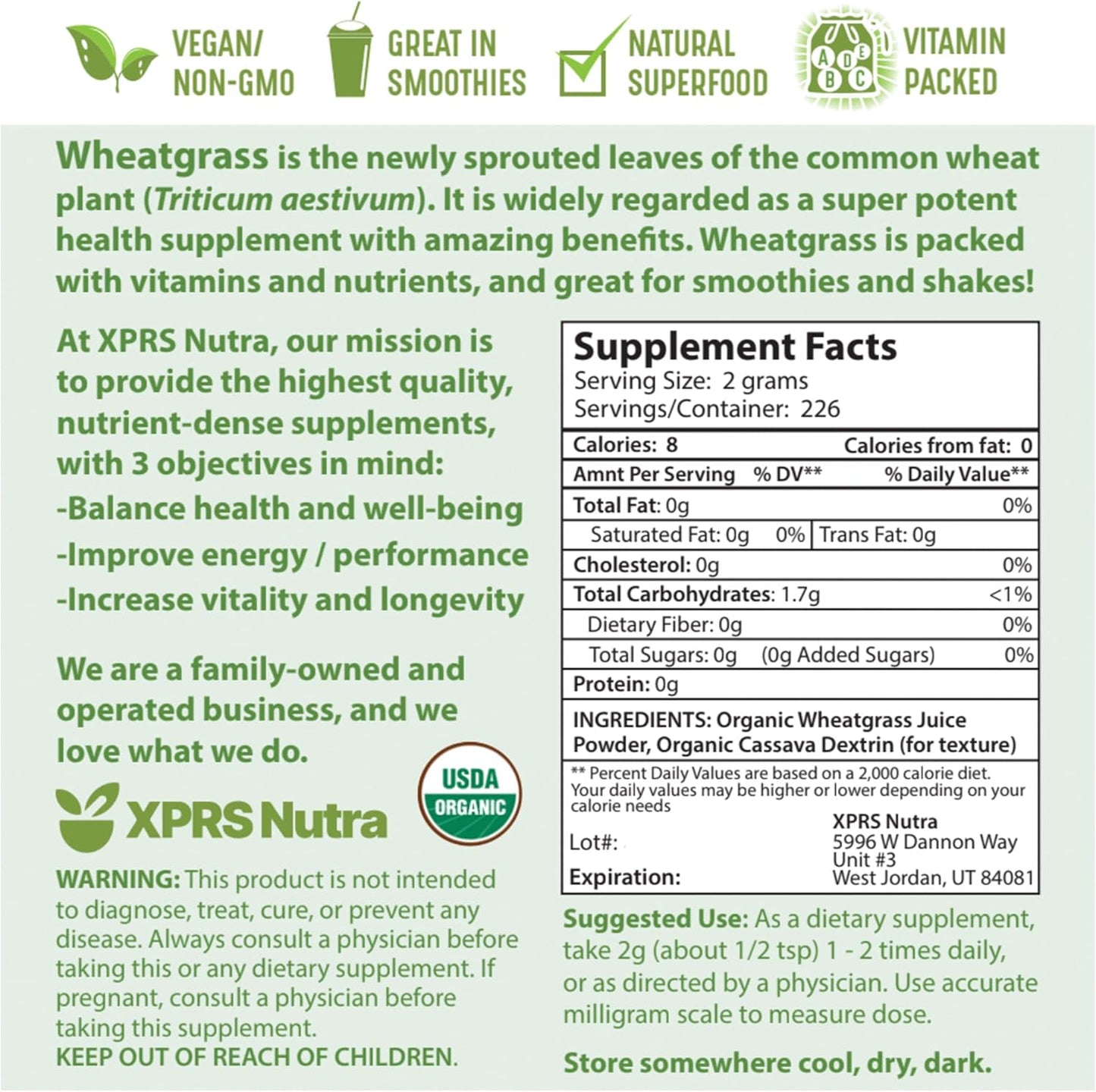 Sustainably Grown Organic Wheatgrass Juice Powder - Instant Concentrated Wheat Grass Juice - Potent 16 Ounce Powder - Espot.com.au