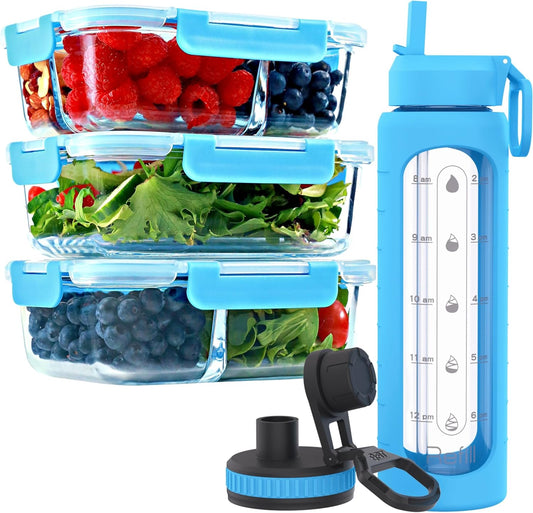 fit-strong-healthy-glass-meal-prep-containers-water-bottle-bundle---3-compartment-35-oz-containers-3-pack-32-oz-bottle-with-straw-lid-time-marker-sleeve-1