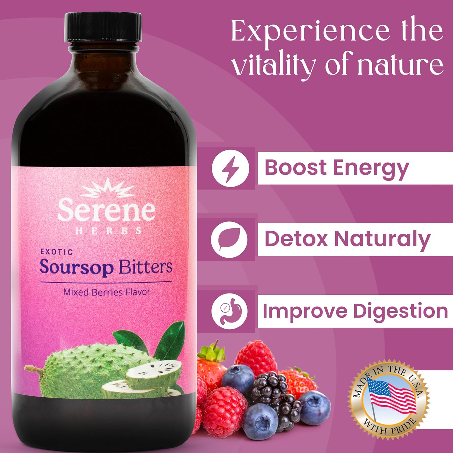 Organic Mixed Berry Soursop Bitters Liquid for Gut Cleanse & Immune Boost - 16 fl oz | Black Seed, Moringa, Irish Moss | 32 Servings - Espot.com.au