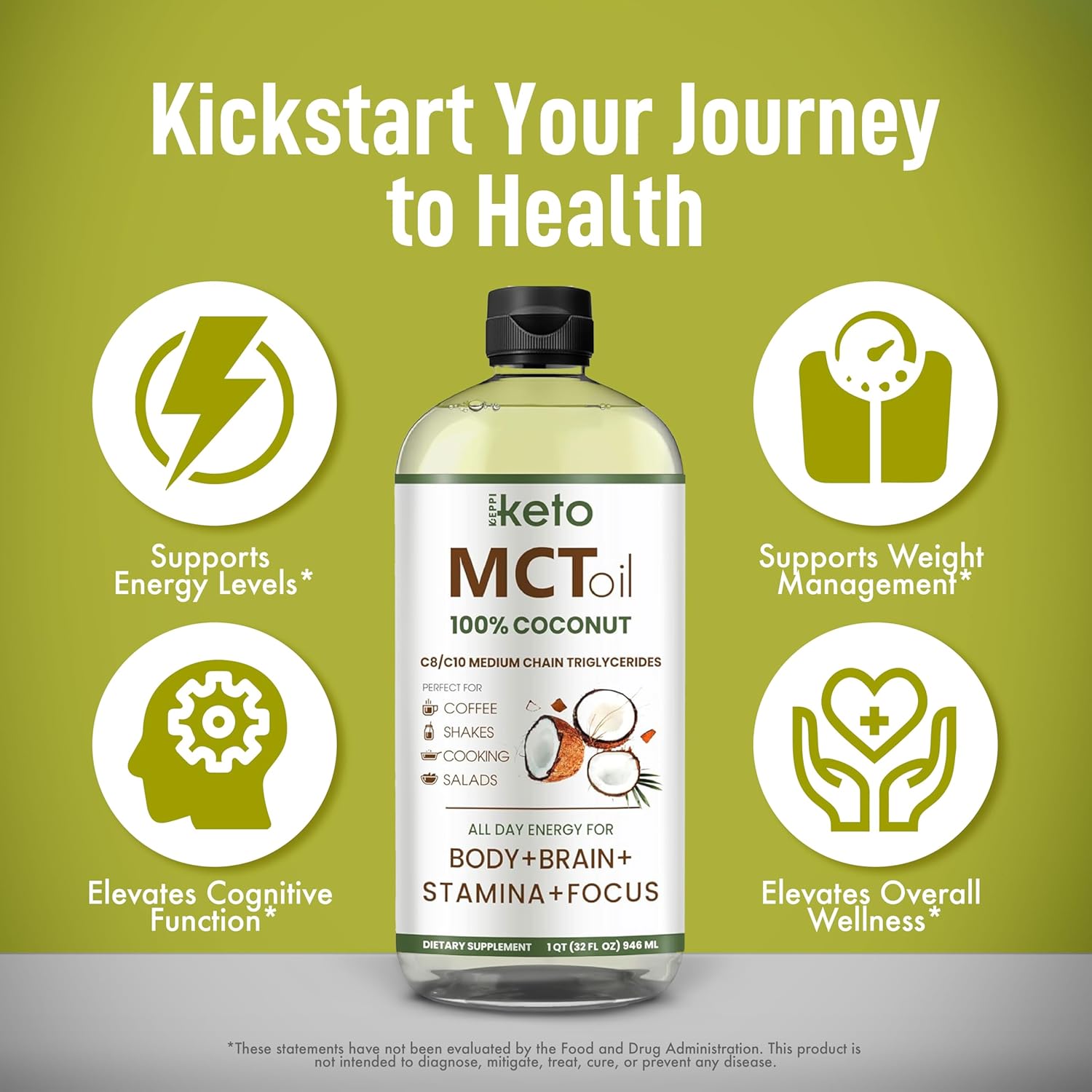 32 oz Keppi Keto MCT Oil - Flavorless C8/C10, Non-GMO, Gluten-Free, Vegan, Kosher, Halal - Coconut Oil Free - Espot.com.au