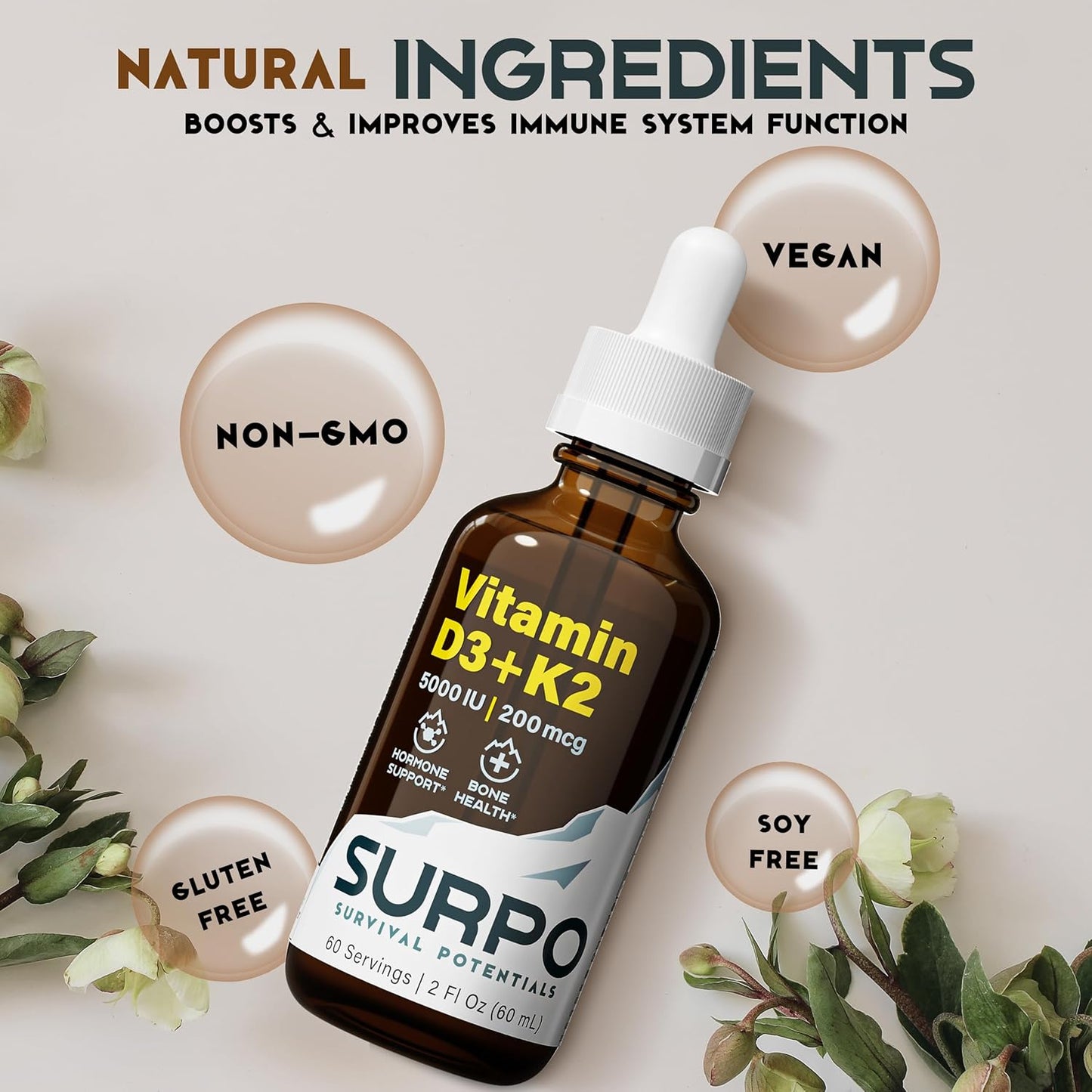 Liquid Vitamin D3 and K2 Drops with Omega 3 Oil for Hormone Support and Bone Health - 5000 IU Vitamin D - Maximum Absorption - 2Fl Oz Bottle - Espot.com.au