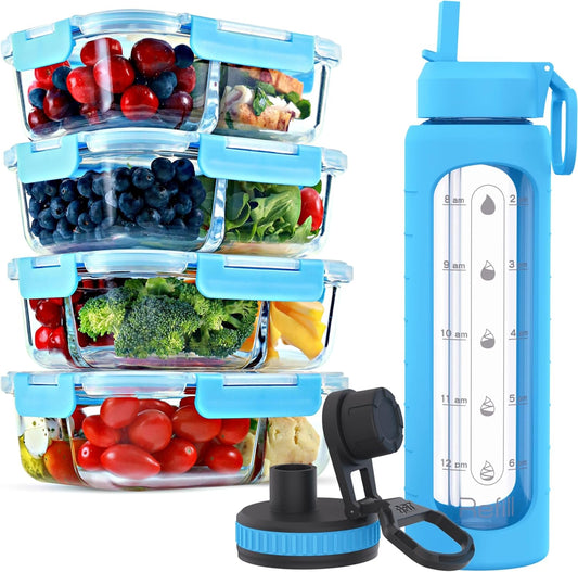 fit-strong-healthy-glass-meal-prep-containers-water-bottle-bundle---4-pack-32-oz-containers-straw-lid-time-marker-sleeve-extra-lid-1