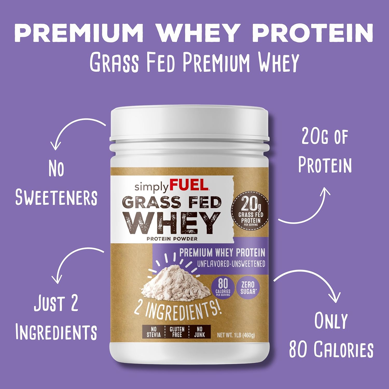 PureFuel Grass Fed Whey Protein Powder - 100% Natural, Unflavored, Unsweetened, Gluten Free, Soy Free - 20g Protein - Zero Sugar, No Carb Clean Protein - 1LB for Muscle Growth and Recovery - Espot.com.au