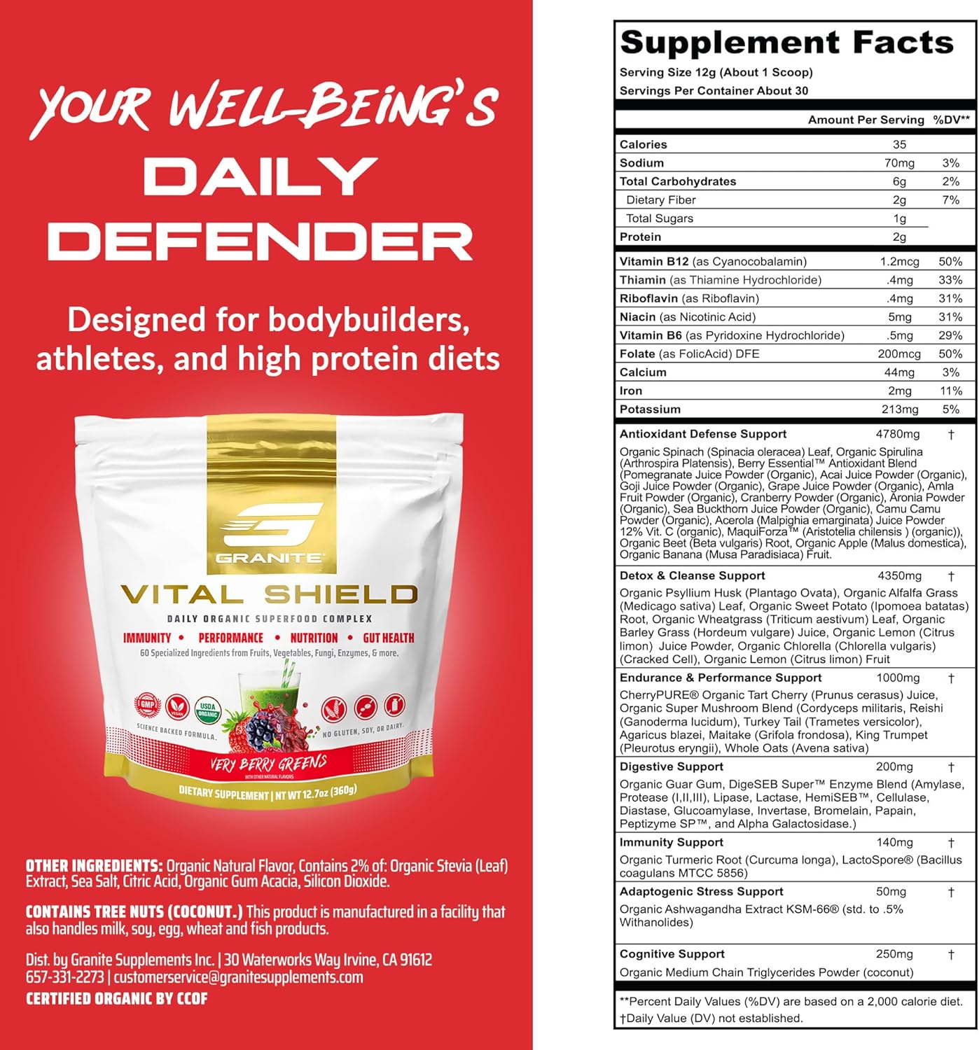 Granite Supplements Vital Shield Very Berry Greens Superfood Powder - Supports Performance, Gut Health, Immunity, & Nutrition - 30 Servings - Espot.com.au