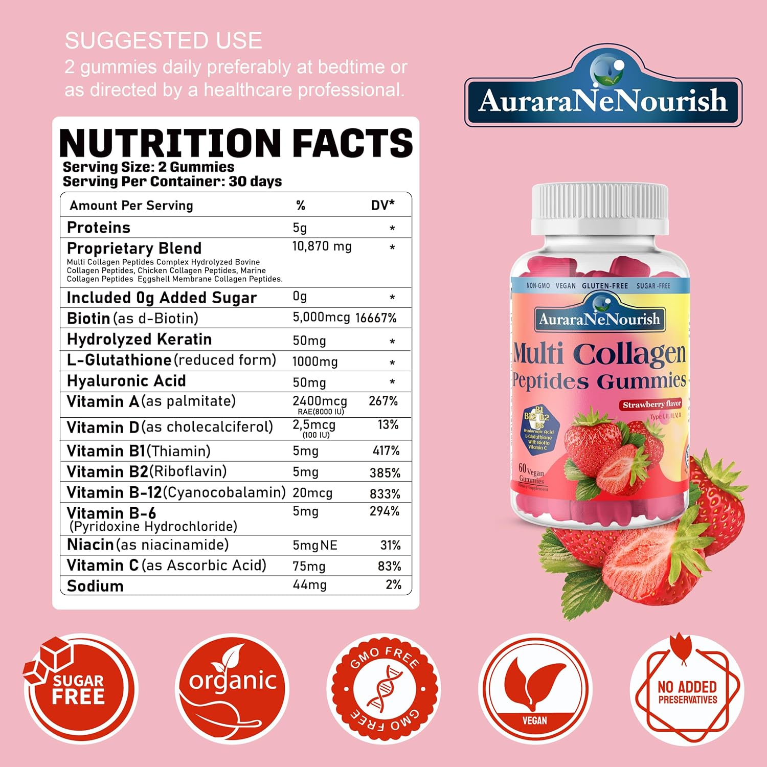 sugar-free-multi-collagen-peptides-gummies-with-biotin-hyaluronic-acid-and-vitamins---strawberry-flavor-5000mg-protein-type-i-ii-iii-v-x---skin-hair-nails-joints-bones-2