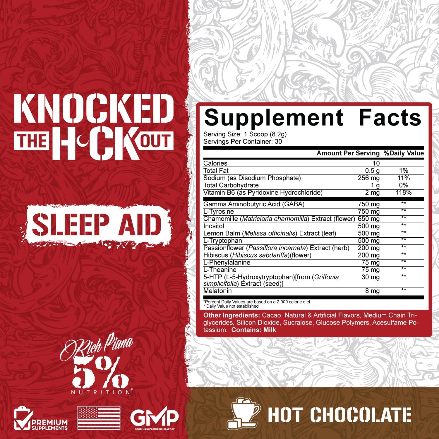 5-nutrition-rich-piana-knocked-out-natural-sleep-aid---post-workout-recovery-deep-sleep-supplement---gaba-melatonin-chamomile-tyrosine-5-htp---84-oz-30-servings---hot-chocolate-flavor-2