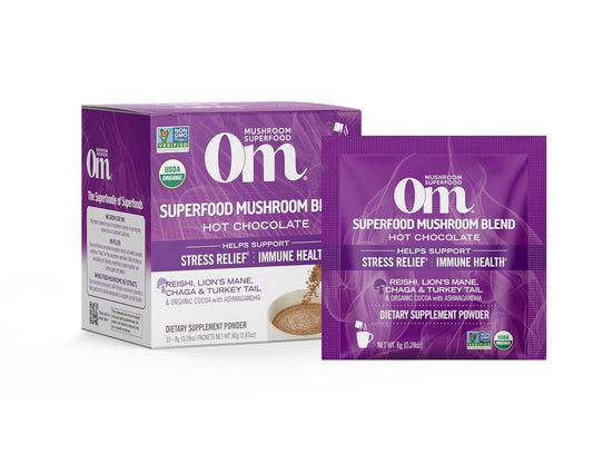 om-mushroom-superfood-hot-chocolate-blend-single-serve-packets---10-count-dutch-cocoa-flavor-with-lions-mane-reishi-chaga-turkey-tail-mushrooms-for-focus-and-stress-support---2g-sugar-25-calories-1
