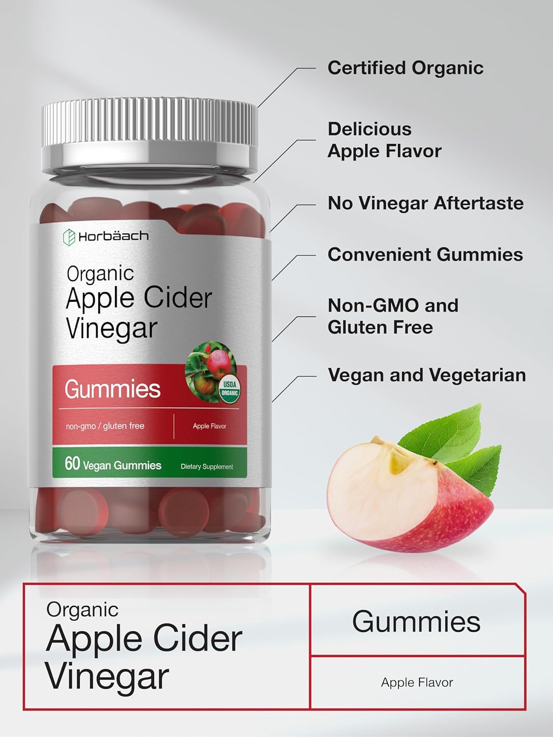 Organic Apple Cider Vinegar Gummies - 60 Count | Vegan & Gluten-Free | USDA Certified | Apple Flavor | Non-GMO - Espot.com.au