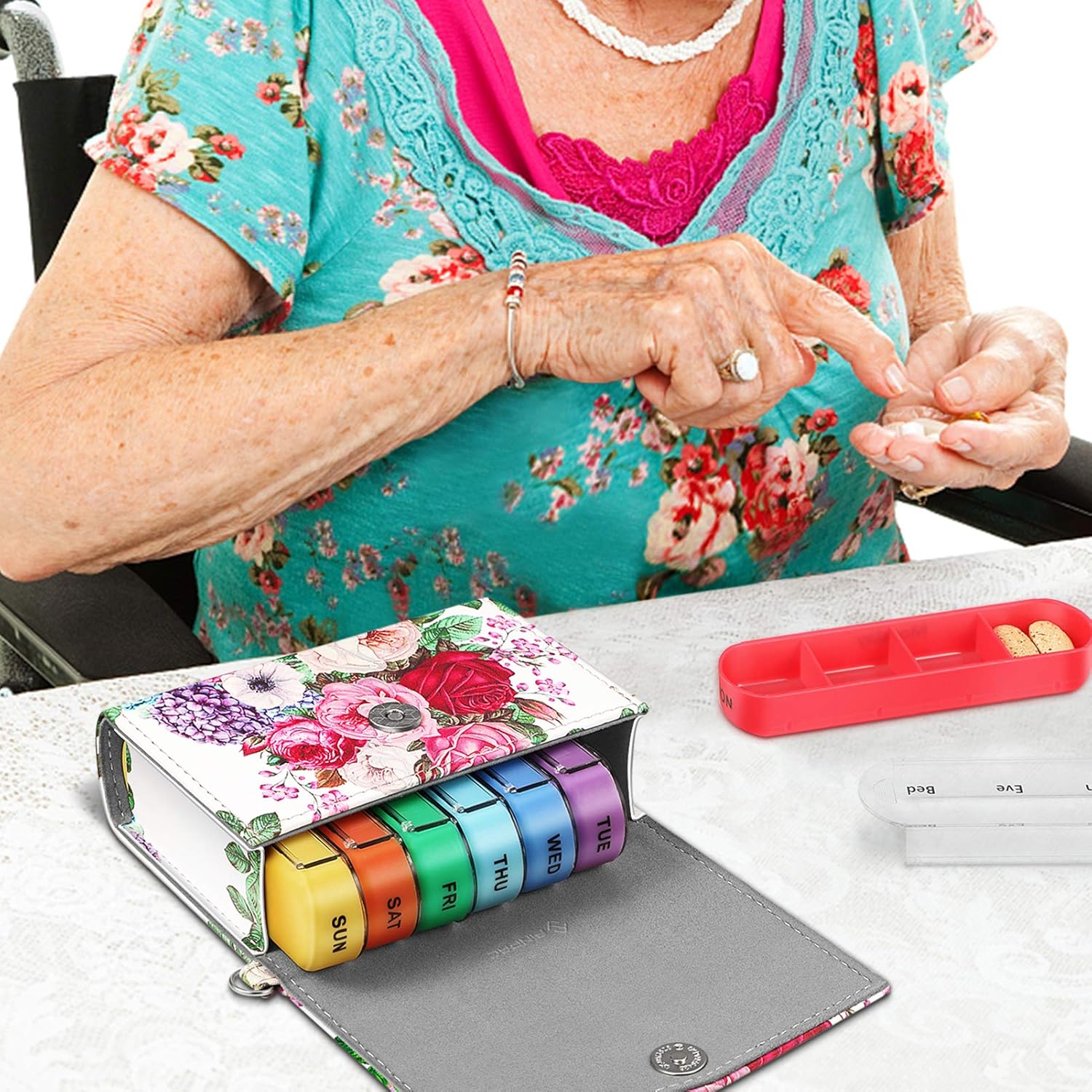 finpac-weekly-pill-organizer-4-times-a-day-in-slide-open-pu-leather-case---travel-pill-reminder-and-planner-with-name-card-for-morning-afternoon-evening-bedtime---flower-festival-8