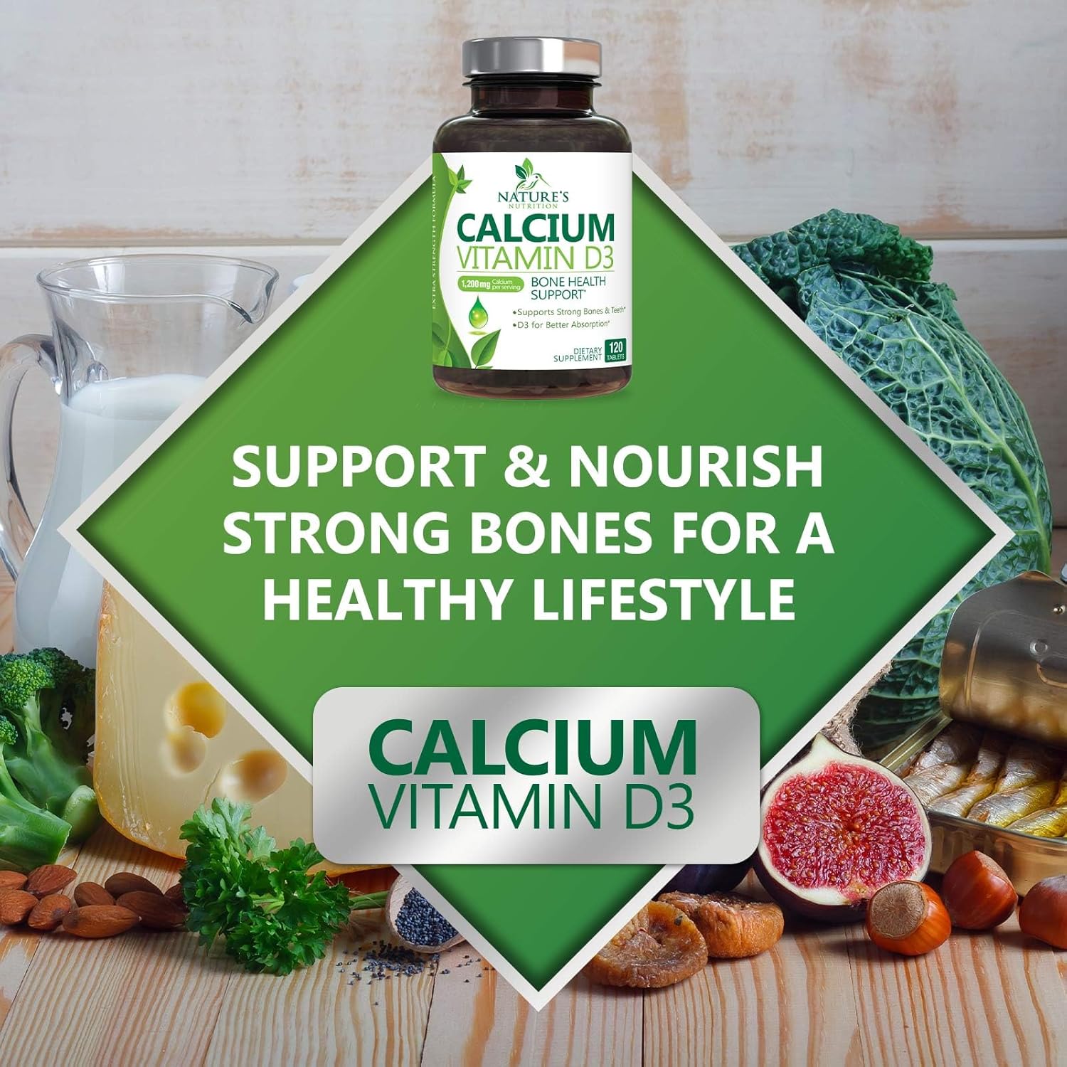 1200mg Calcium with Vitamin D3 for Bone Strength & Immune Support - 120 Tablets - Espot.com.au