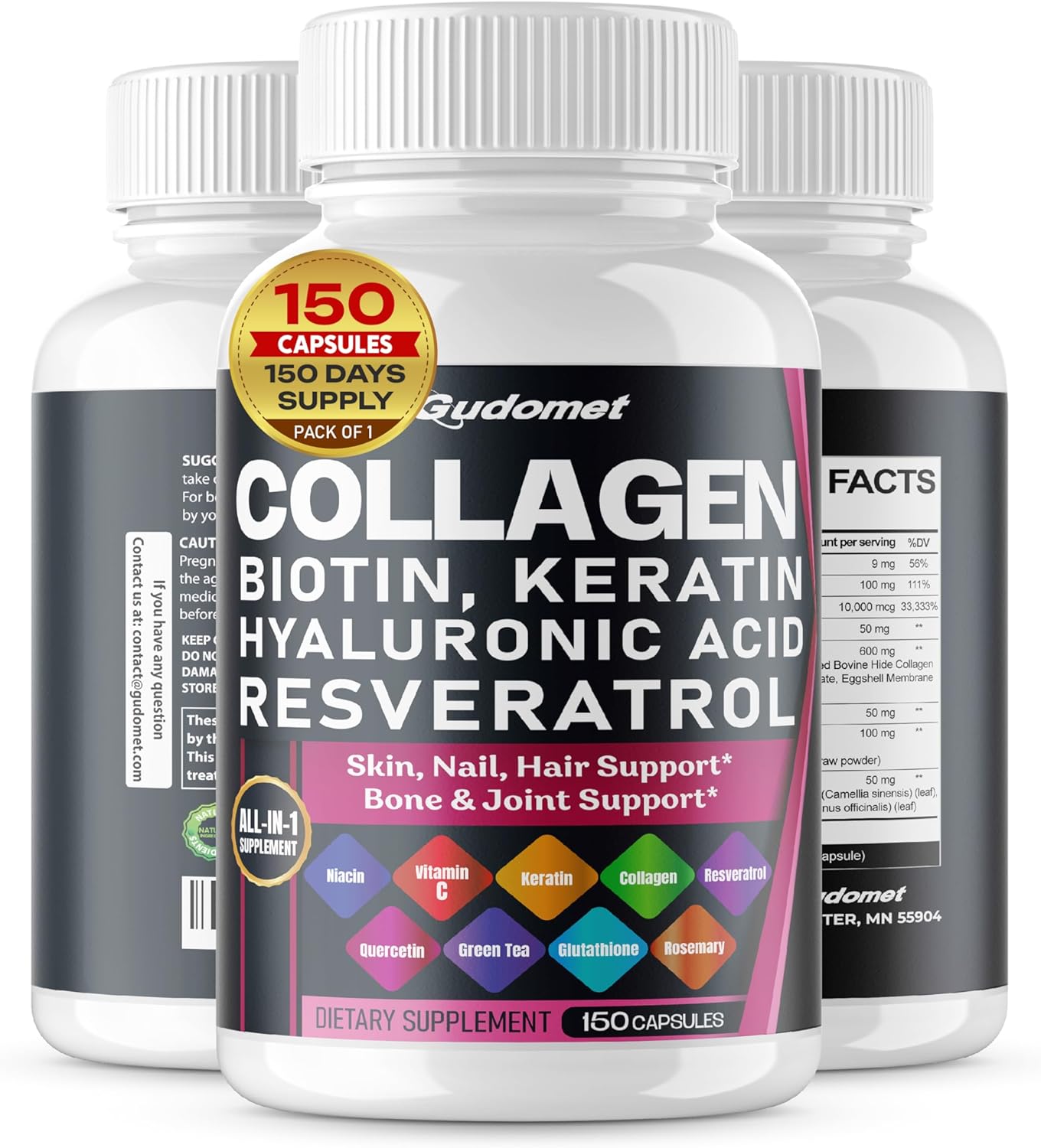150 Capsules GUDOMET Collagen Biotin Vitamin C Niacin Trans-Resveratrol Hyaluronic Acid Quercetin Green Tea Glutathione Rosemary Supplement - USA Made - Espot.com.au