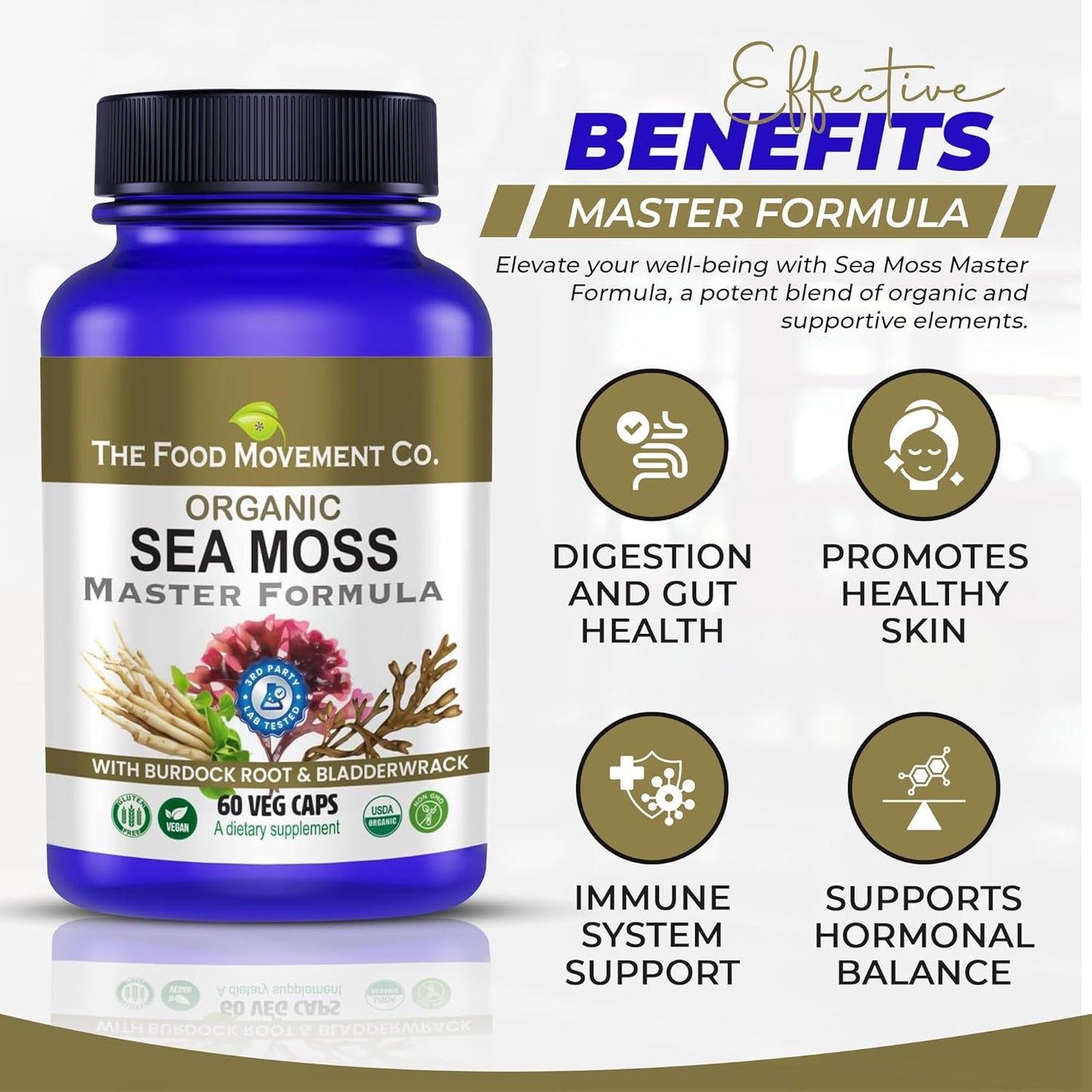 Organic Sea Moss Master Formula with Burdock Root & Bladderwrack for Gut Health - Vegan Supplement for Women & Men - Irish Sea Moss Blend for Well-Being (60) - Espot.com.au
