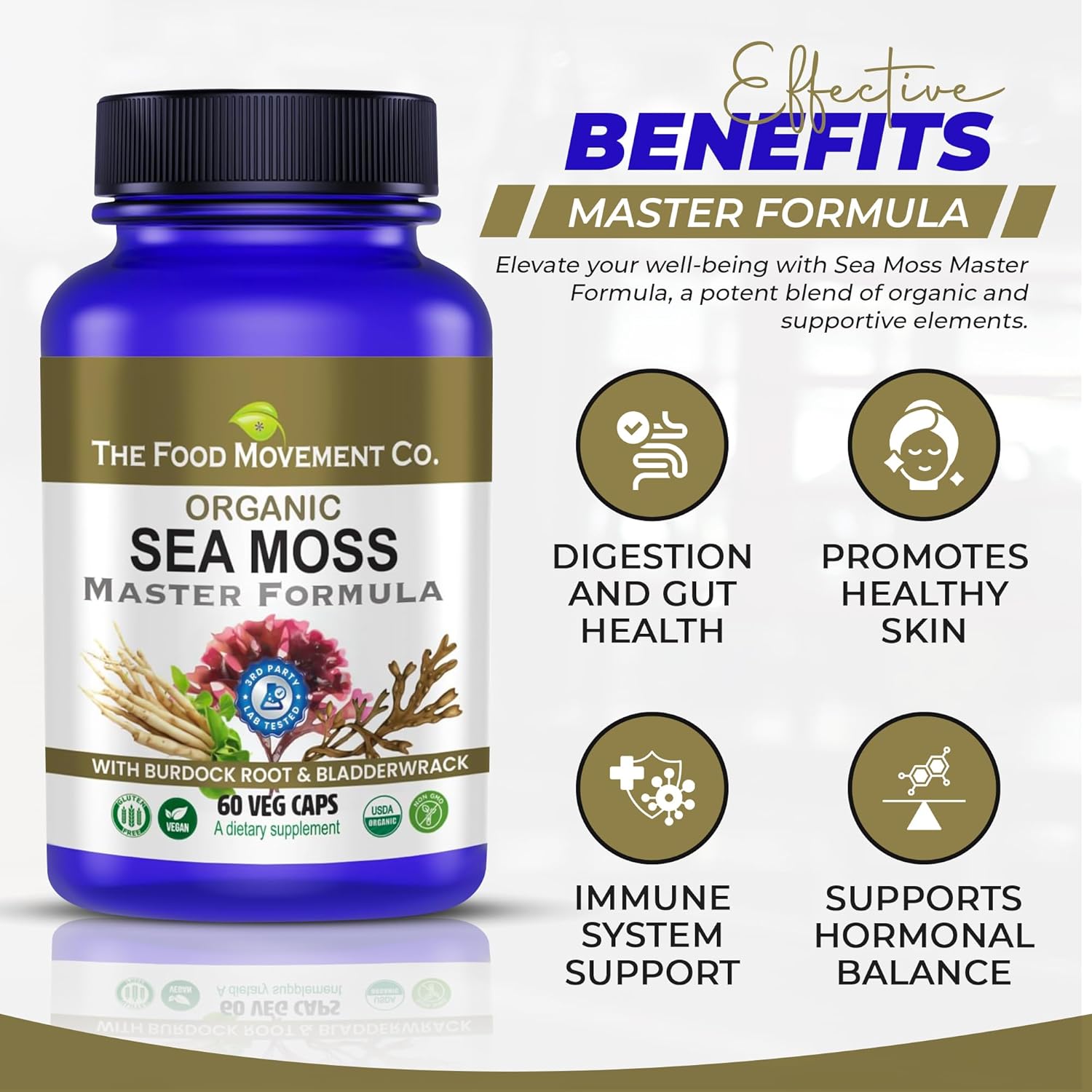 Organic Sea Moss Master Formula with Burdock Root & Bladderwrack for Gut Health - Vegan Supplement for Women & Men - Irish Sea Moss Blend for Well-Being (60) - Espot.com.au