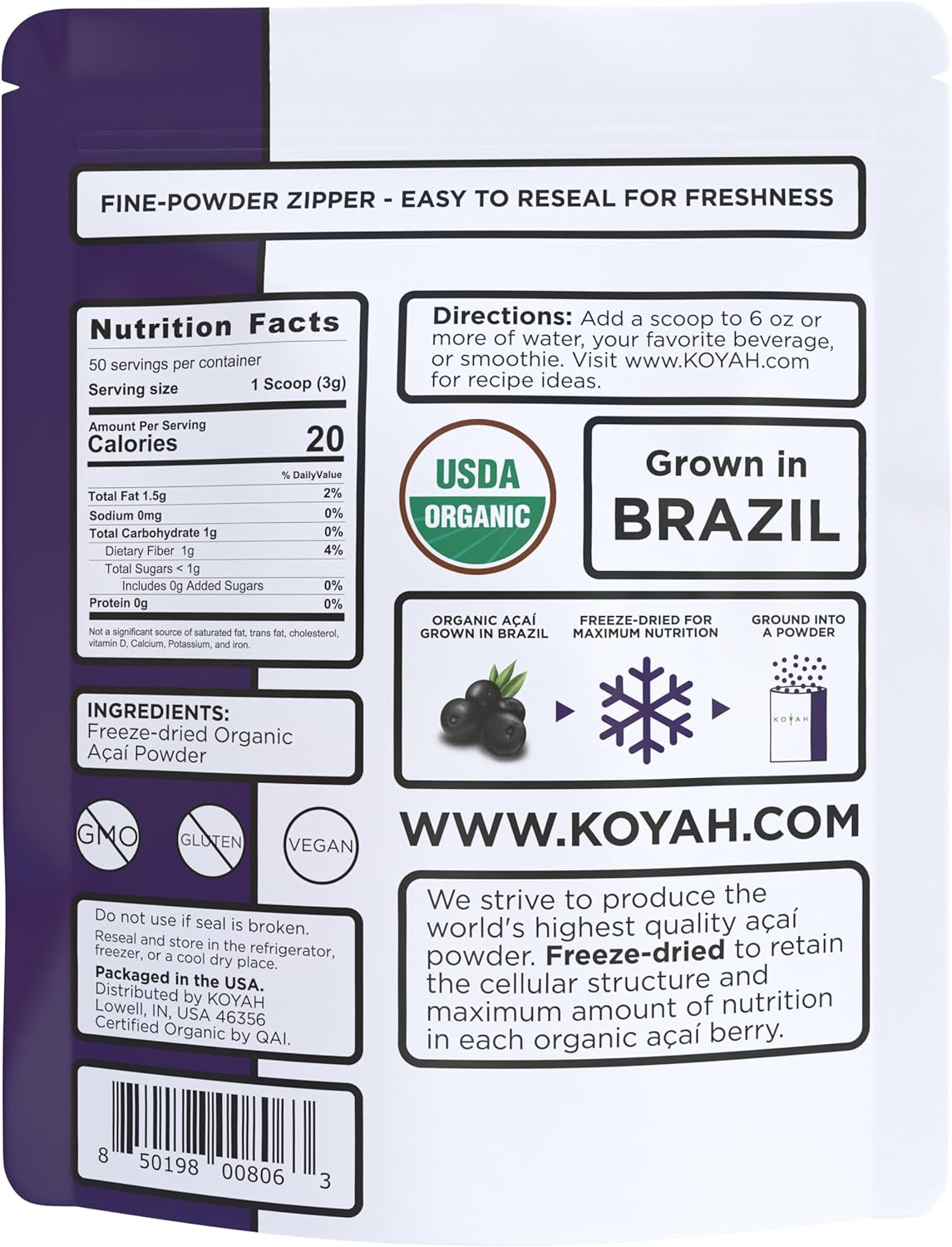 Organic Freeze-Dried Acai Powder from Brazil - 150g (50 Servings) - 100% Pure, No Citric Acid - Ideal for Smoothies & Bowls - Espot.com.au