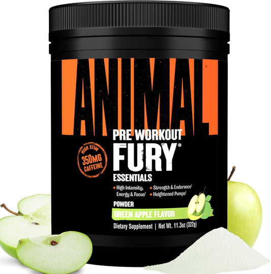 Animal Fury Pre Workout Powder - Energy and Focus Supplement with BCAAs, Caffeine, and Beta-Alanine for Enhanced Performance - Green Apple Flavor - 20 Servings - Espot.com.au