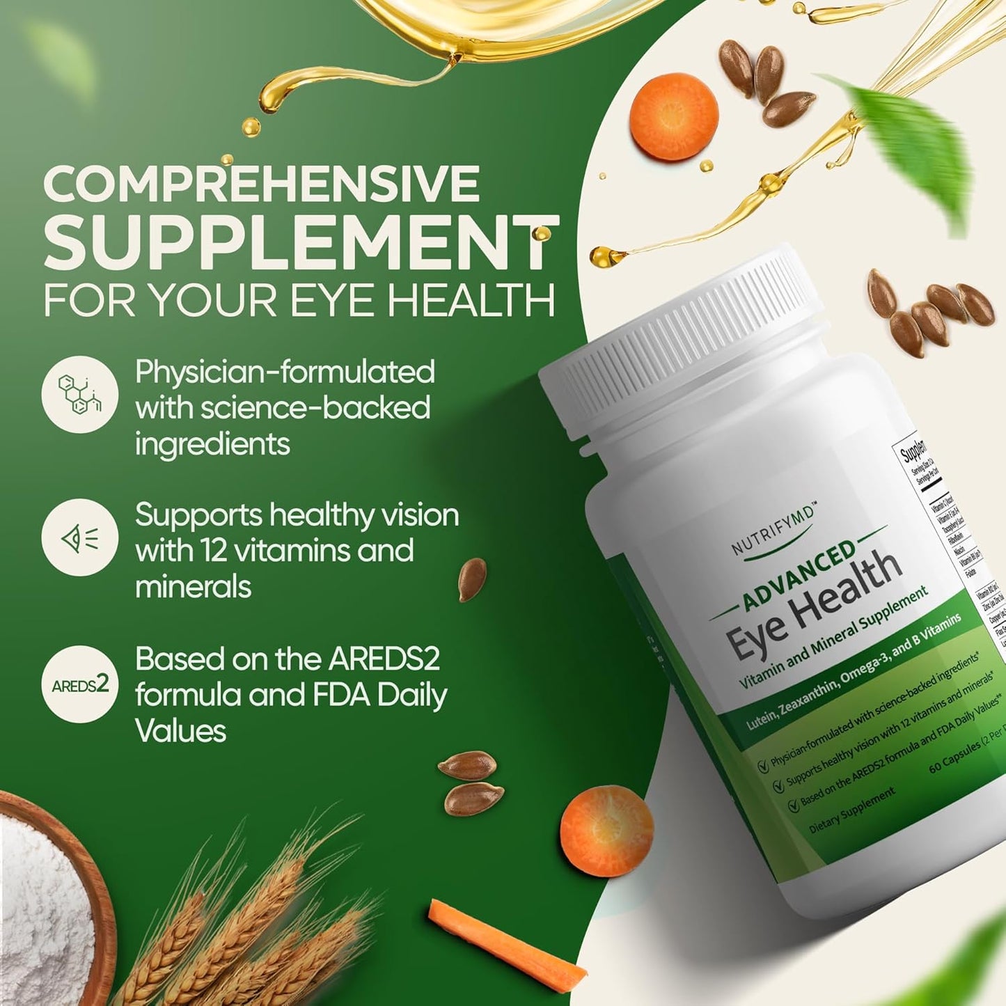 NutrifyMD Eye Health Supplement with Lutein, Zeaxanthin, Omega-3, B Vitamins - 60 Capsules - Espot.com.au