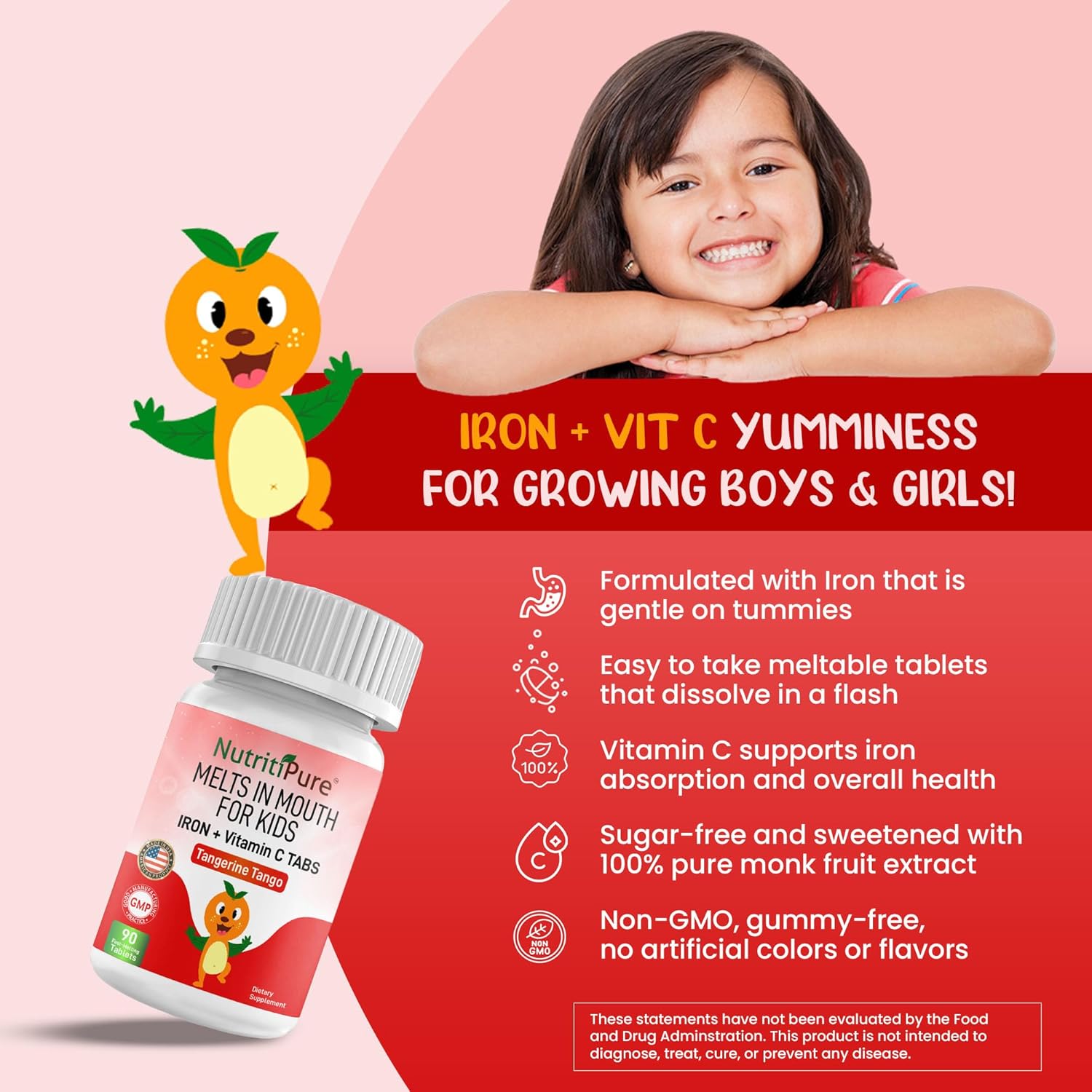 NutritiPure Kids Chewable Iron Supplements with Vitamin C - 90 Tablets, Tangerine Tango Orange Flavor, 9mg Ferronyl/Carbonyl Iron - Pediatric Iron Supplement - Espot.com.au