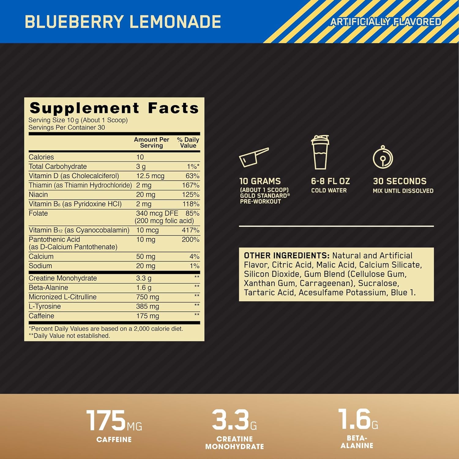 Gold Standard Pre-Workout with Vitamin D, Creatine, Beta-Alanine, Caffeine, Keto Friendly Energy Boost, Blueberry Lemonade, 30 Servings - Espot.com.au