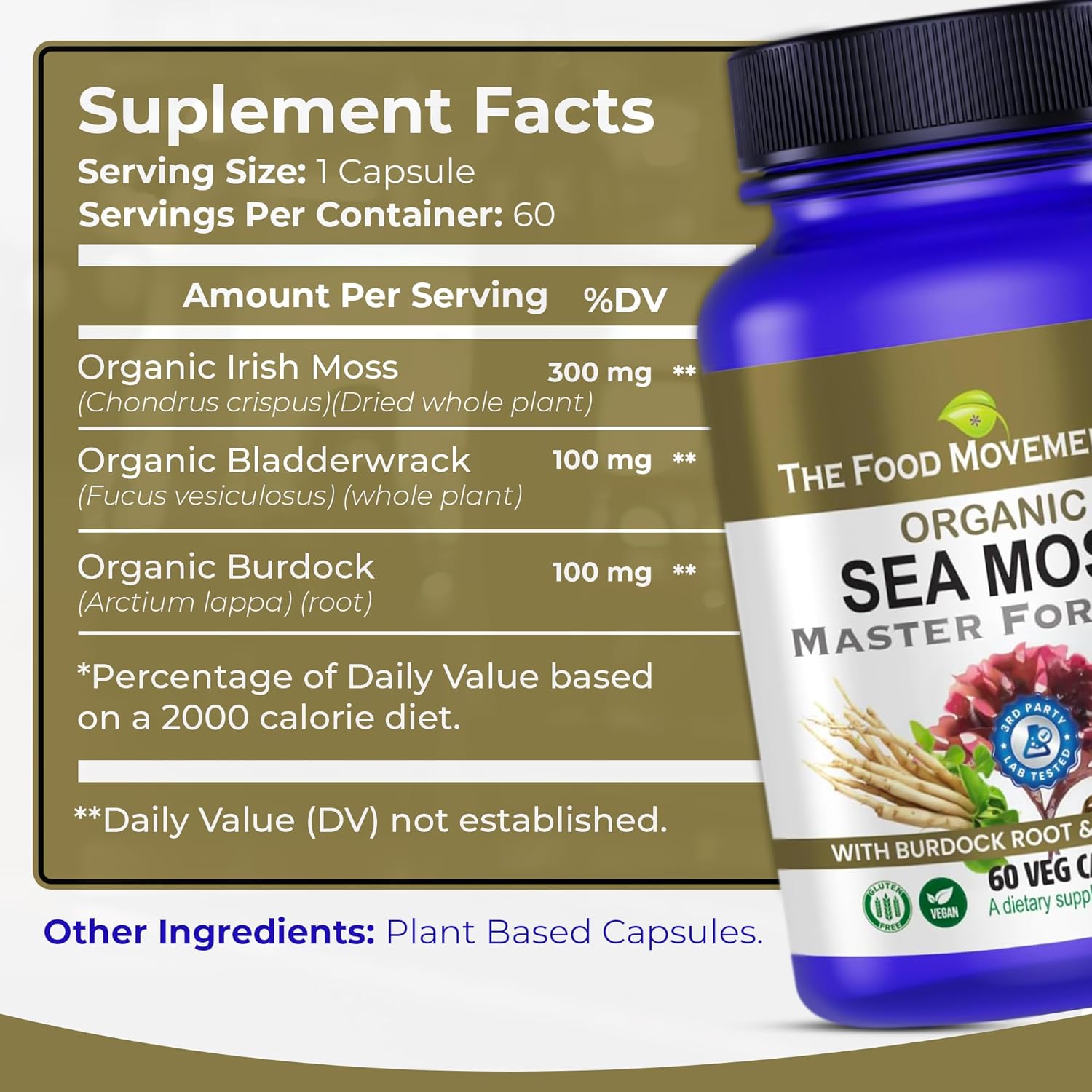 Organic Sea Moss Master Formula with Burdock Root & Bladderwrack for Gut Health - Vegan Supplement for Women & Men - Irish Sea Moss Blend for Well-Being (60) - Espot.com.au