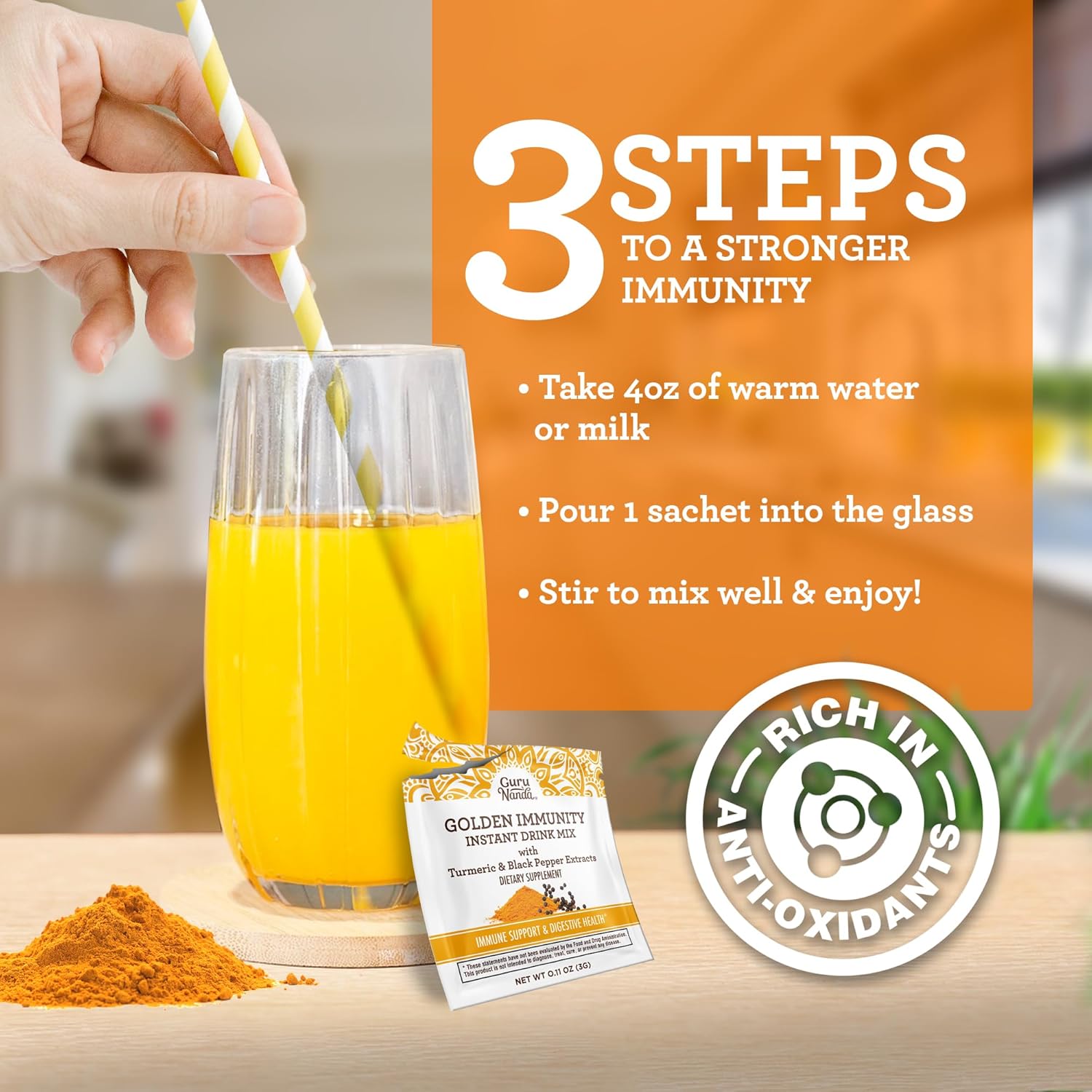 Golden Immunity Instant Drink Mix with Turmeric & Black Pepper - Antioxidant-Rich Immune Support Sachets - Saffron & Almond Flavor - 30 Count - Espot.com.au