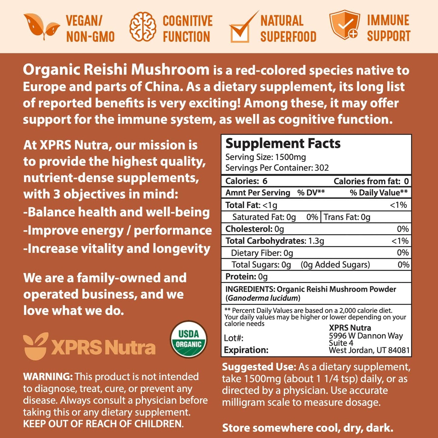 Premium Organic Red Reishi Mushroom Powder for Cognition and Energy - Vegan Longevity Support (16 oz) by XPRS Nutra - Espot.com.au