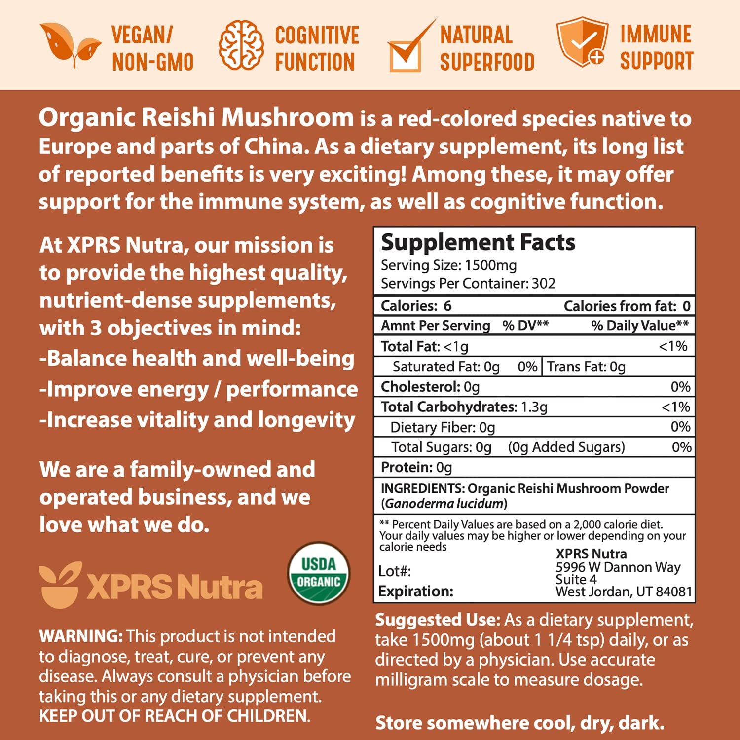 Premium Organic Red Reishi Mushroom Powder for Cognition and Energy - Vegan Longevity Support (16 oz) by XPRS Nutra - Espot.com.au