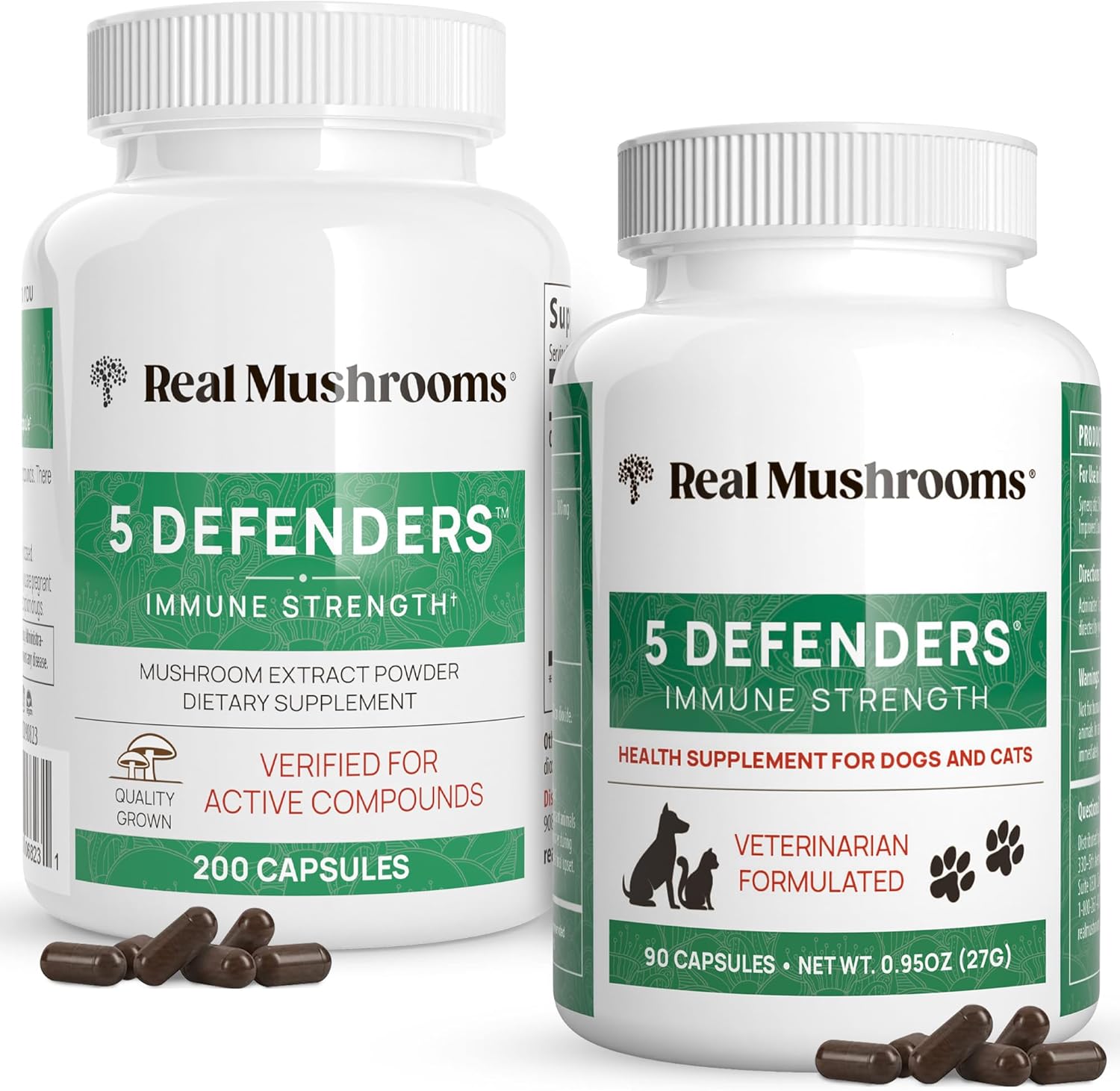 bundle-of-5-defenders-mushroom-capsules-for-humans-and-pets---immune-strength-and-wellbeing---chaga-shiitake-maitake-turkey-tail-reishi---vegan-non-gmo---200ct-90ct-1