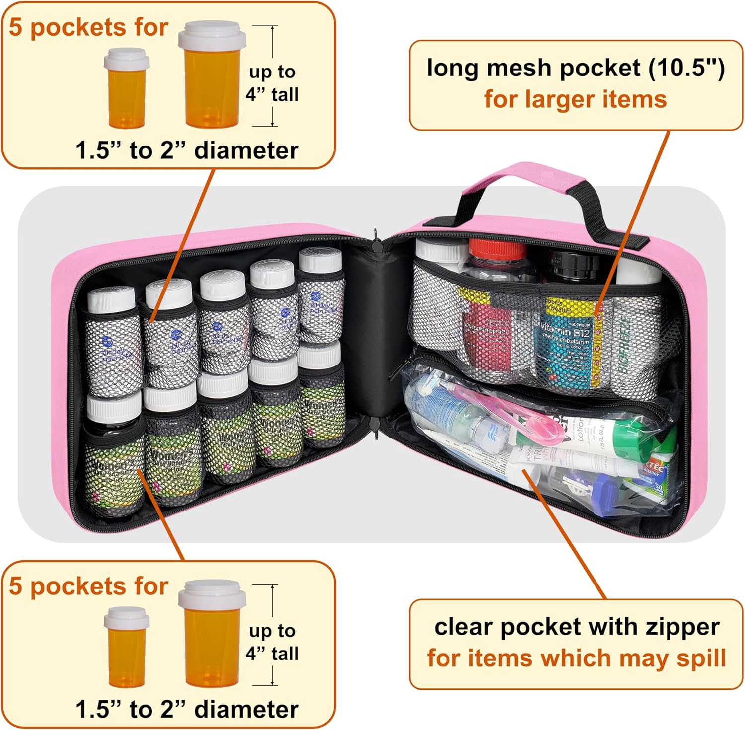 pink-starplus2-large-padded-pill-bottle-organizer---travel-home-medicine-bag-for-medications-vitamins-medical-supplies---case-carrier-storage-med-bag-no-lock-2