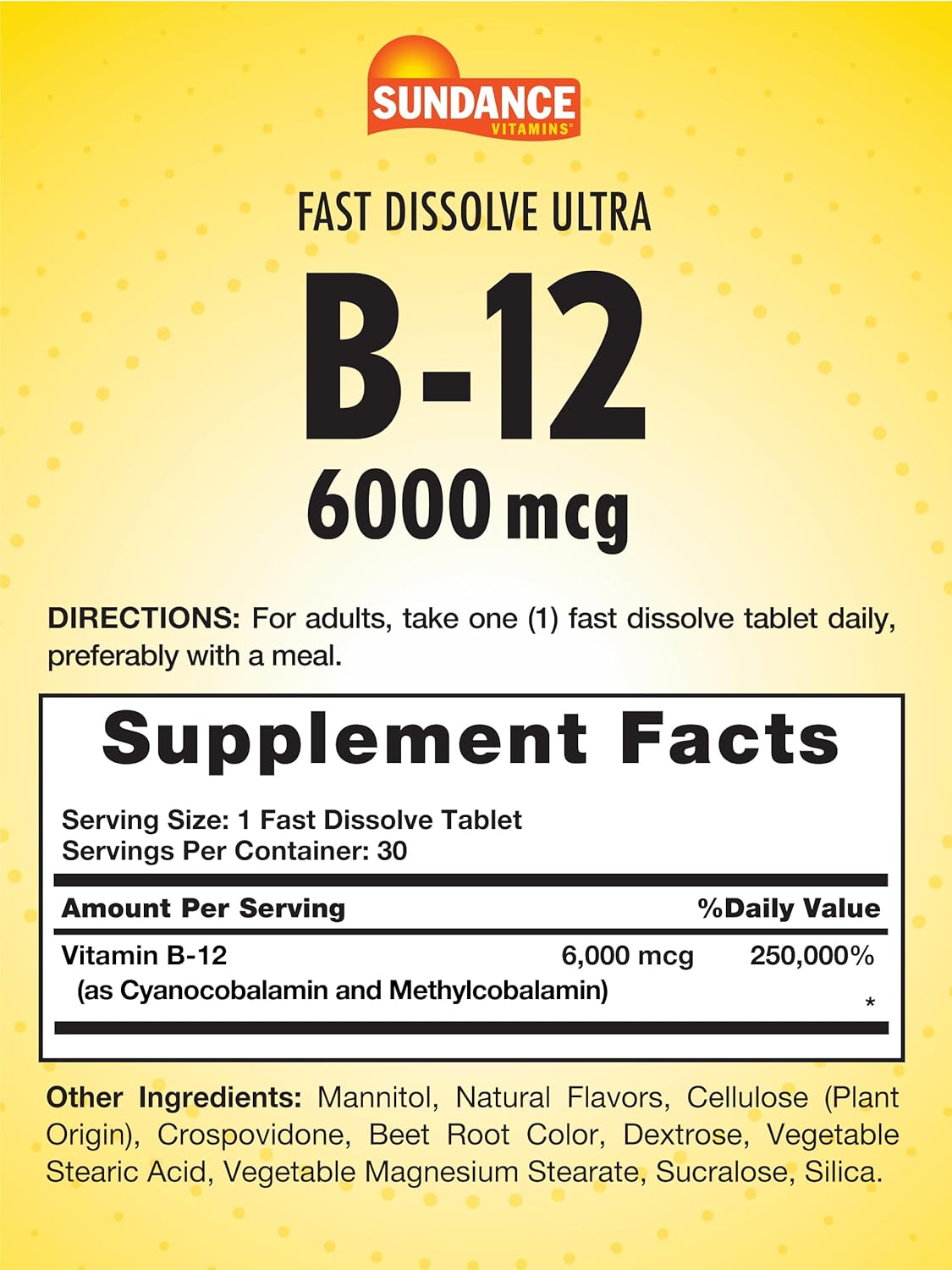 Sundance Vitamin B-12 6000mcg Fast Dissolve Tablets - Natural Berry Flavor - Vegetarian, Non-GMO, Gluten Free - Espot.com.au