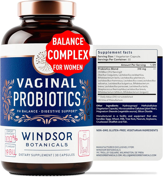 Feminine Balance Complex Probiotics - 19Bil CFU Lactobacillus Salivarius for PH Balance, Digestive & Gut Health - BV Support Supplements - 30 Capsules by WINDSOR BOTANICALS - Espot.com.au