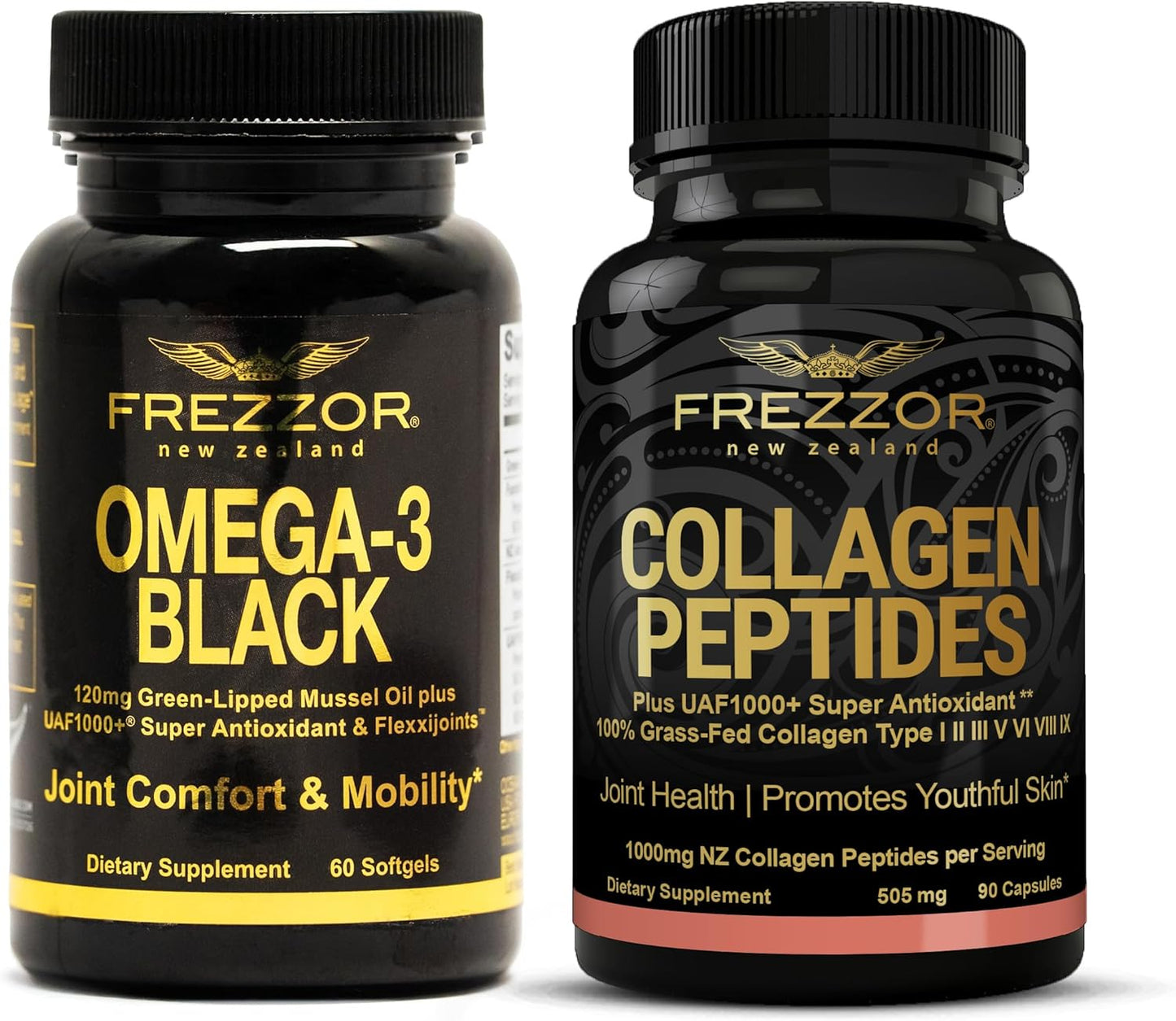 High Potency FREZZOR Omega 3 Black Green Lipped Mussel Oil for Joint Comfort, Mobility & Collagen Support - 60 Softgels + Collagen Peptides - Espot.com.au
