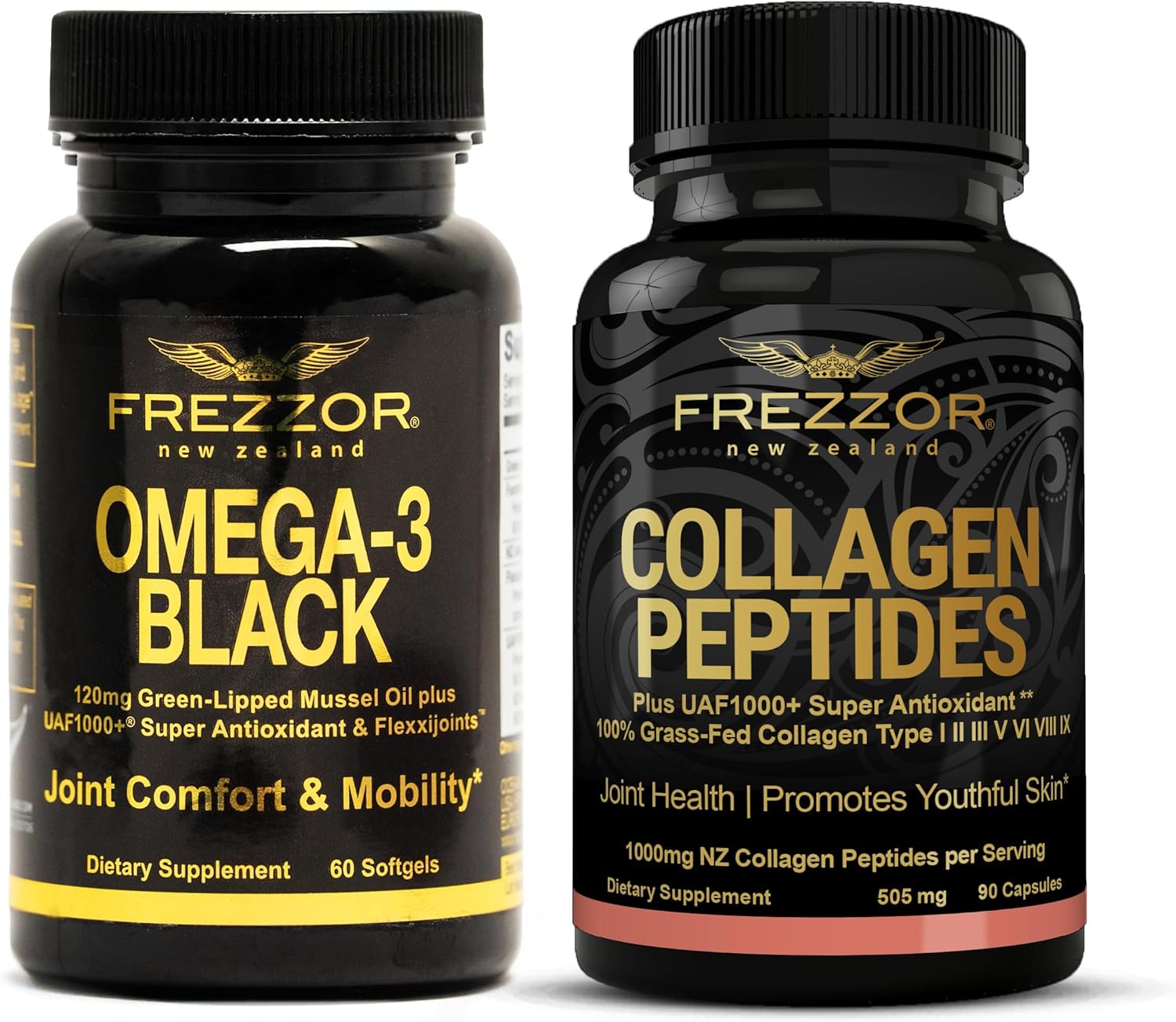 High Potency FREZZOR Omega 3 Black Green Lipped Mussel Oil for Joint Comfort, Mobility & Collagen Support - 60 Softgels + Collagen Peptides - Espot.com.au