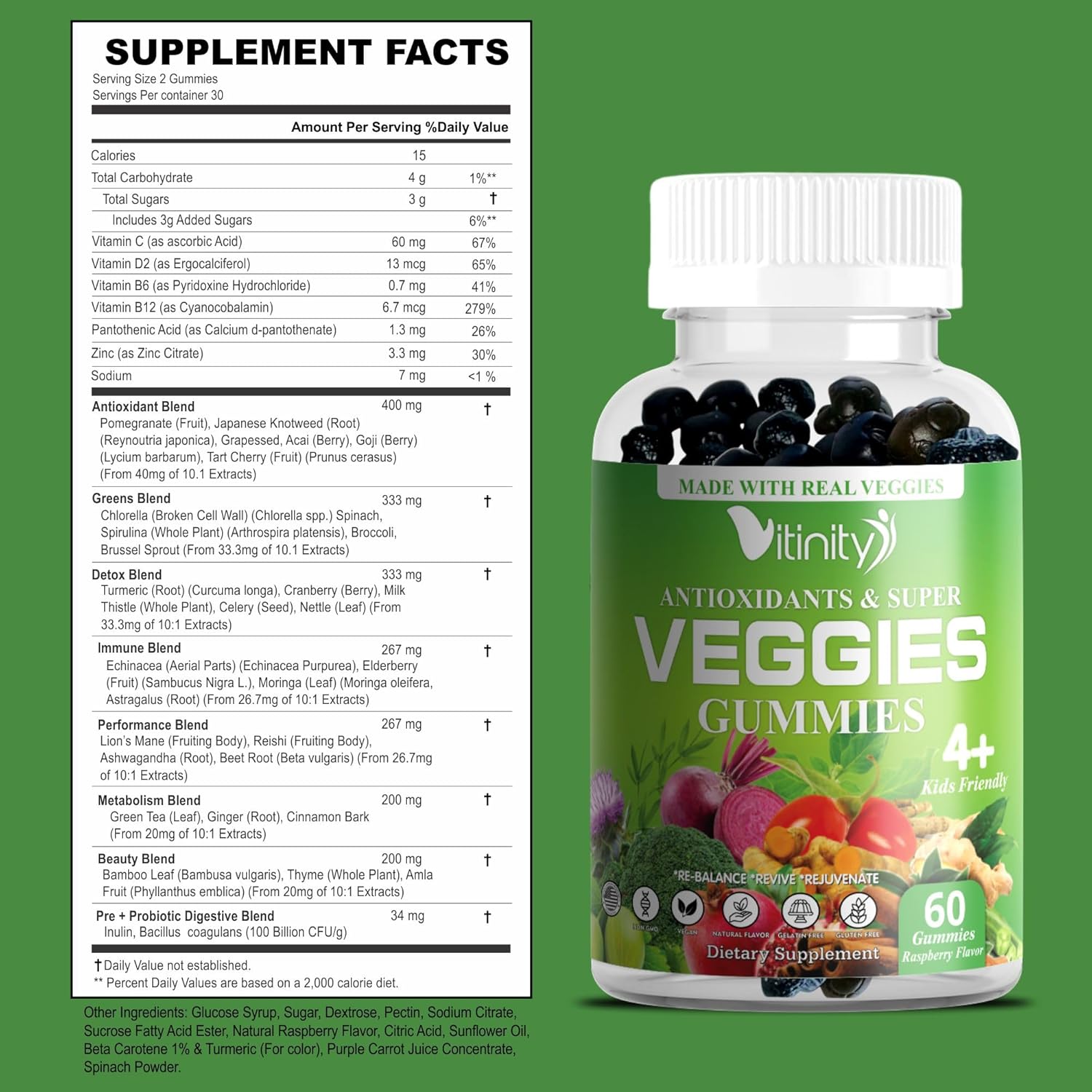 VITINITY Veggies Gummies Supplement with 30 Super Veggies, Fruits & Herbs - 120 Chews, Non-GMO, Gluten-Free - 60 Day Supply - Espot.com.au