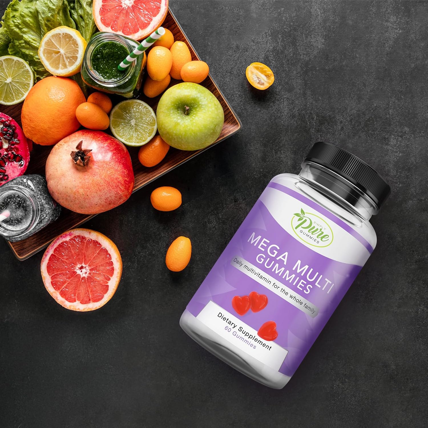 Pure By Nature Mega Multi Gummies - Natural Flavored Multi Vitamin Gummies for Women & Men - Dietary Supplement - Multivitamin with Vitamins A, D2, C, E, K, Biotin, Folic Acid - 60 Count - Espot.com.au